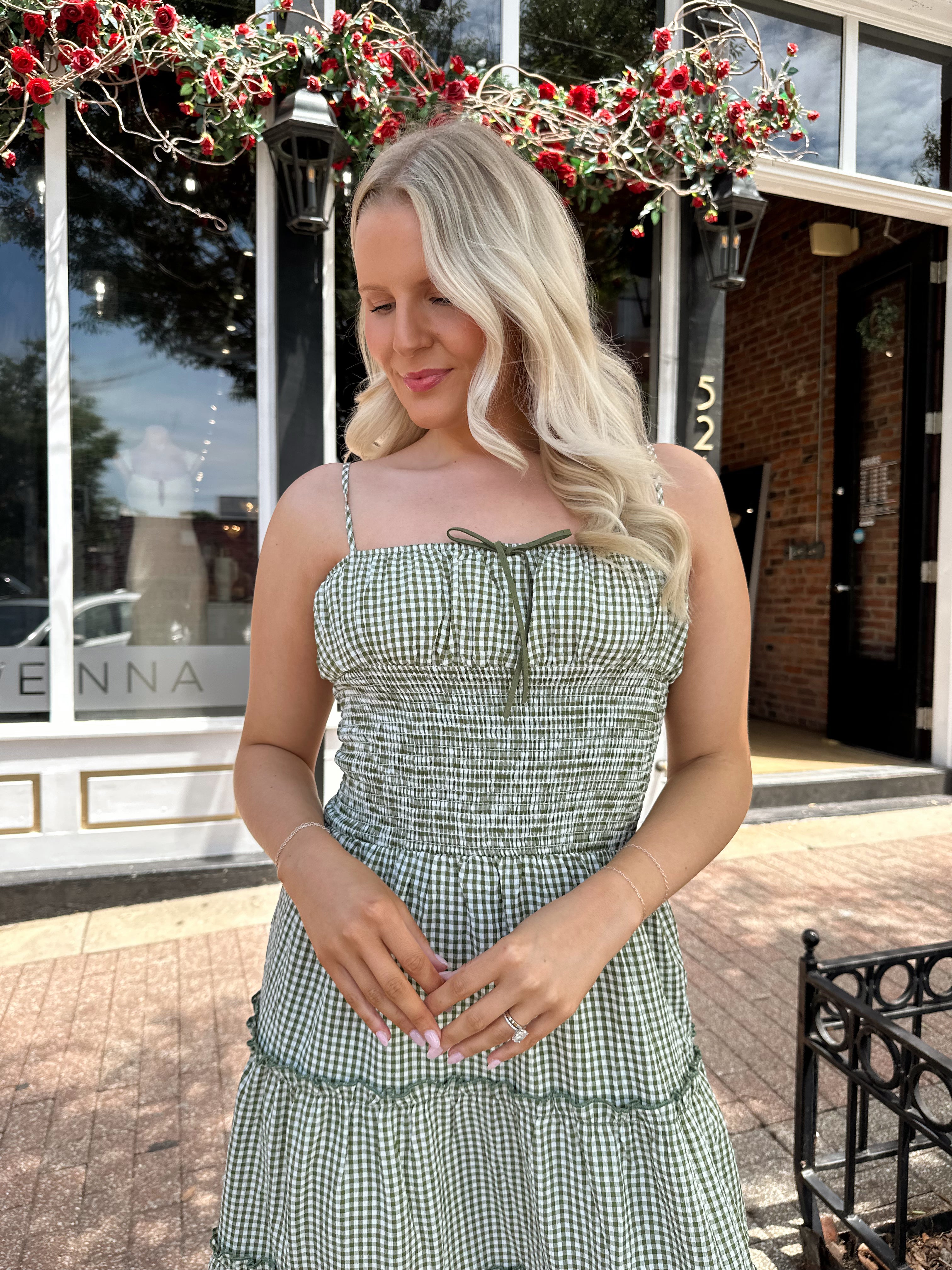 Green Gingham Smocked Waist Maxi Dress