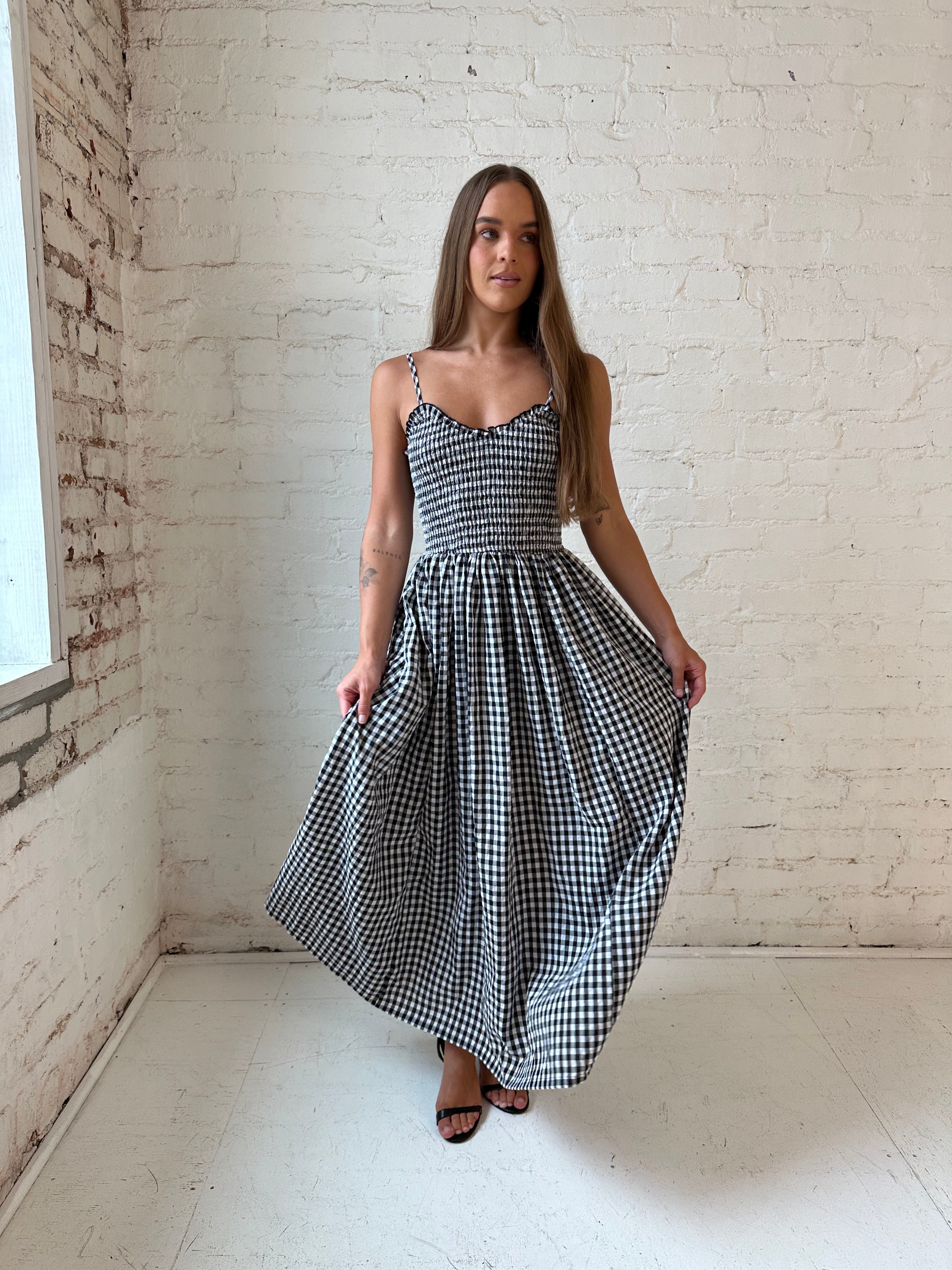 Black Gingham Midi Dress
