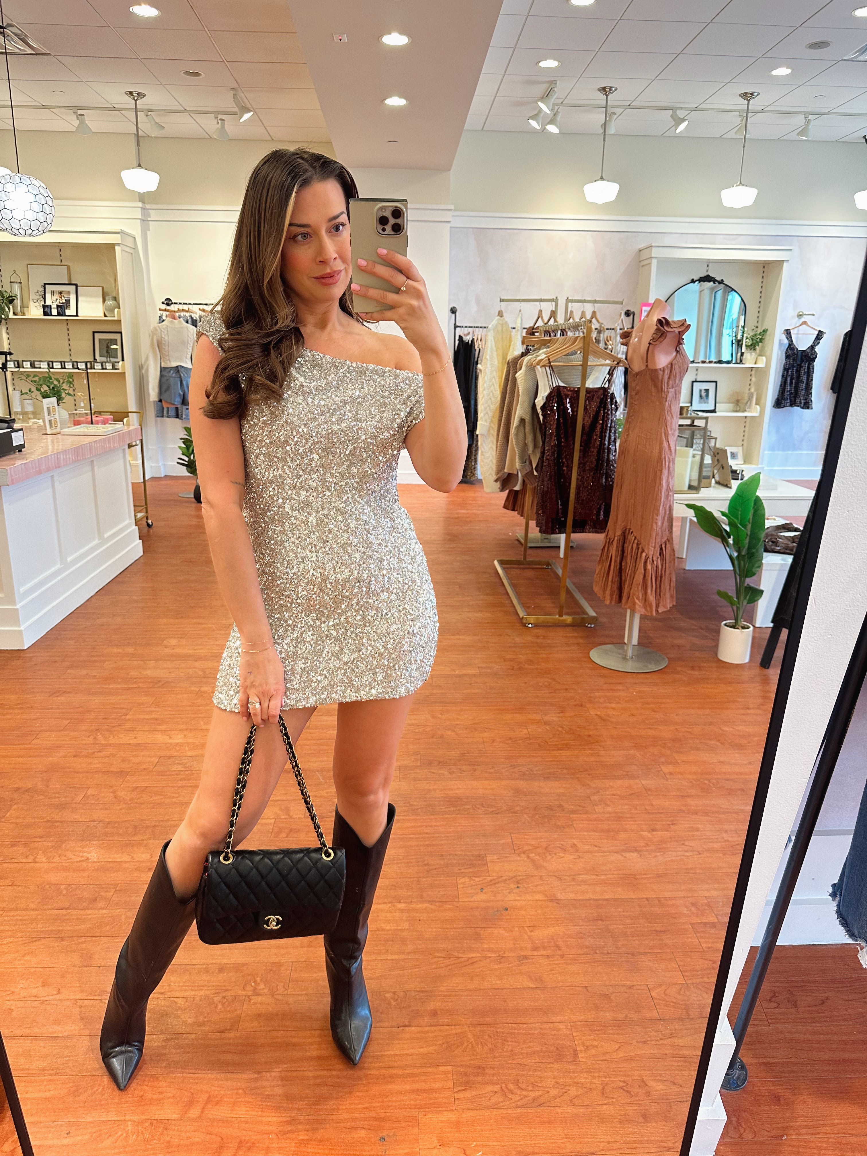 Lucy Silver Sequin Asymmetrical Mini Dress