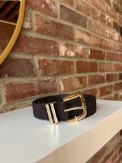 Dark brown suede belt with good buckle hardware.