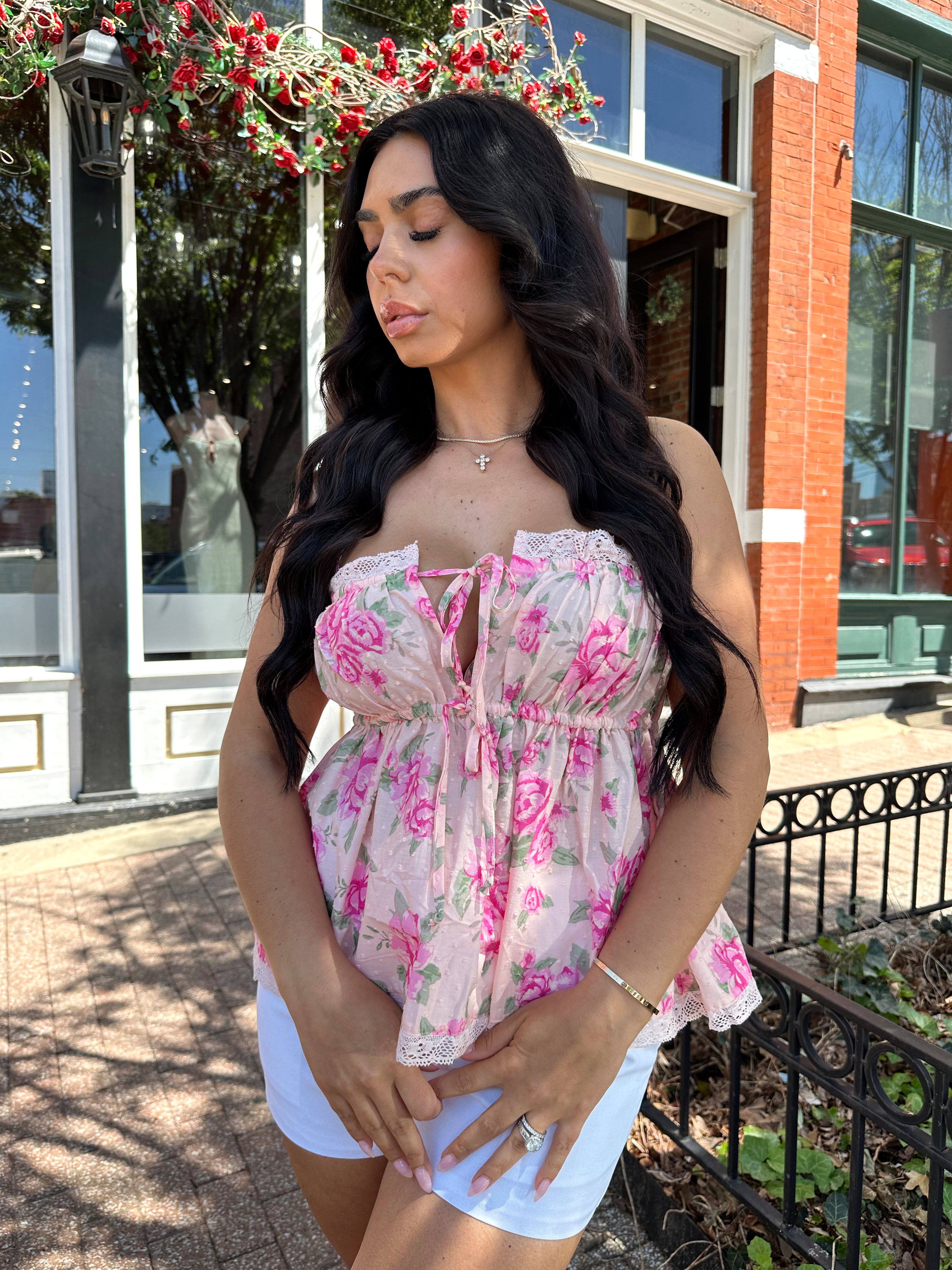 Pink Floral Babydoll Tank Top – Lace Trim Cami Medium