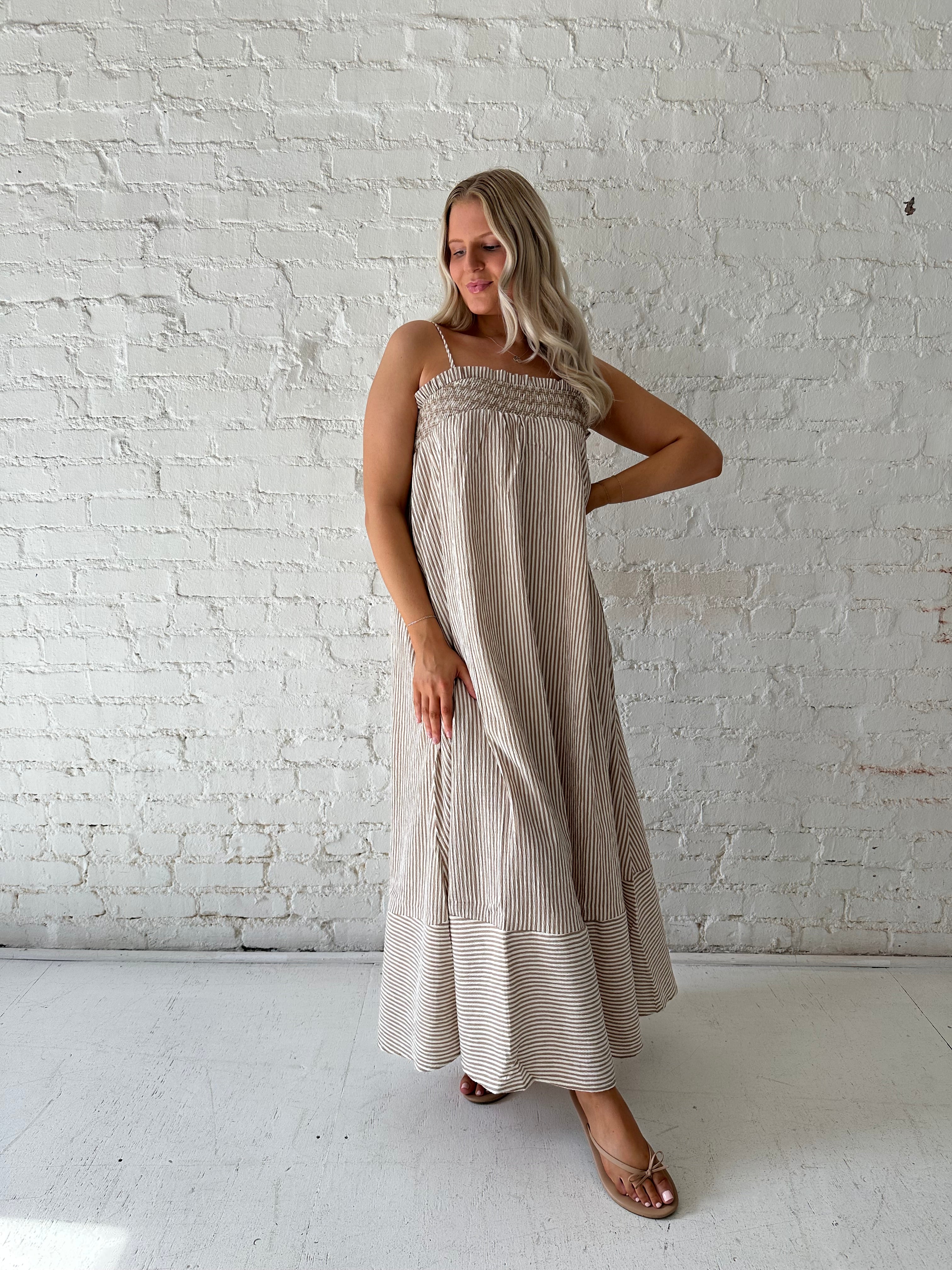 brown stripe maxi dress Esmira Halter Maxi Dress | Brown Stripe | Womens