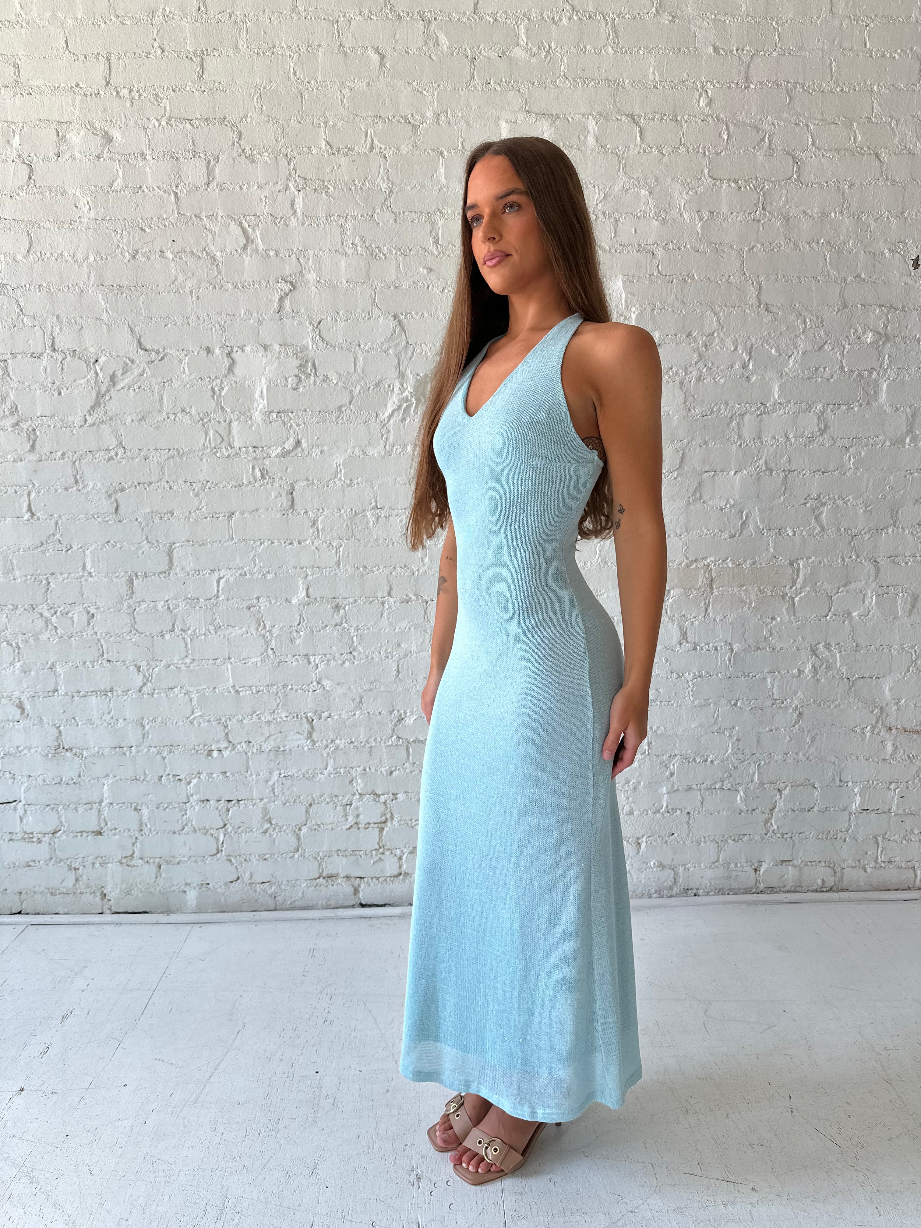 shimmer blue dress Knit Maxi pleated detail COLOR:Emerald red carpet Marilyn Monroe caused a
