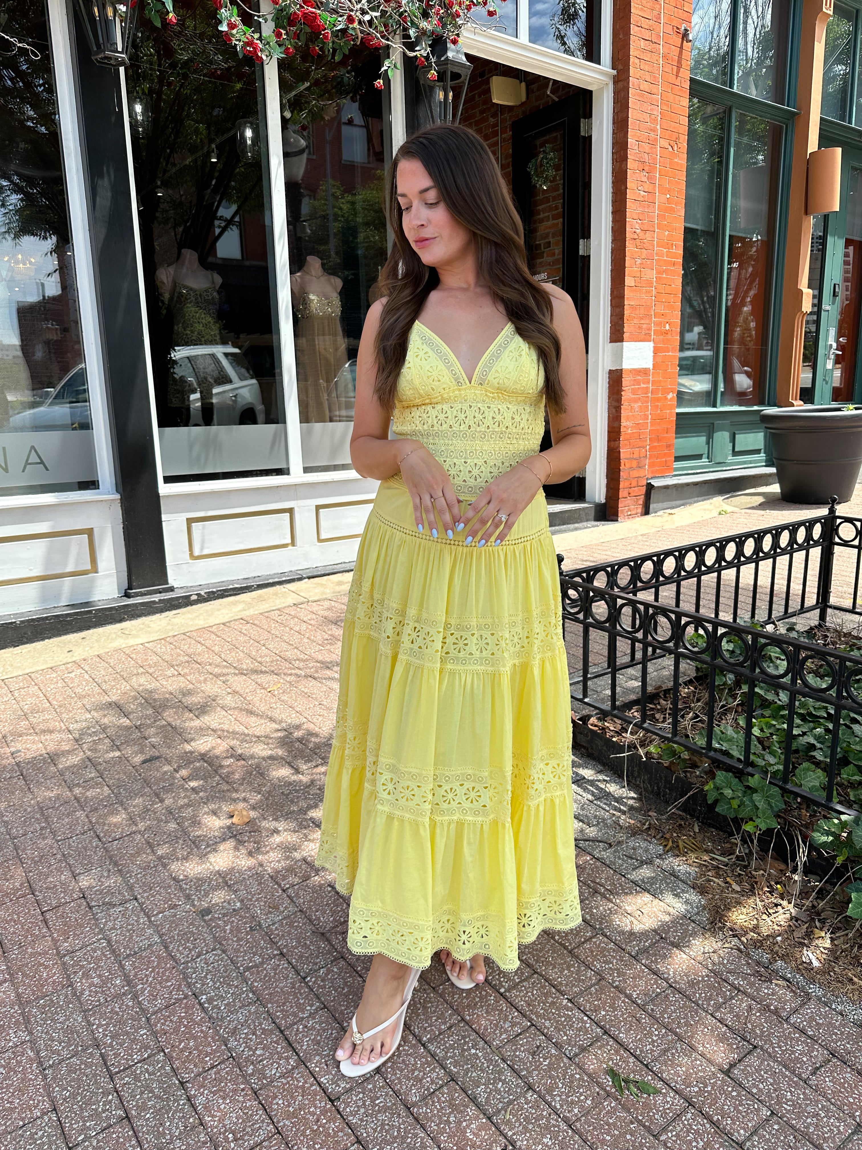 Yellow Tiered Eyelet Maxi Dress | Summer Maxi Dress Gwenna The Label Yellow Tiered Eyelet Maxi Dress | Summer Maxi Dress Gwenna The Label