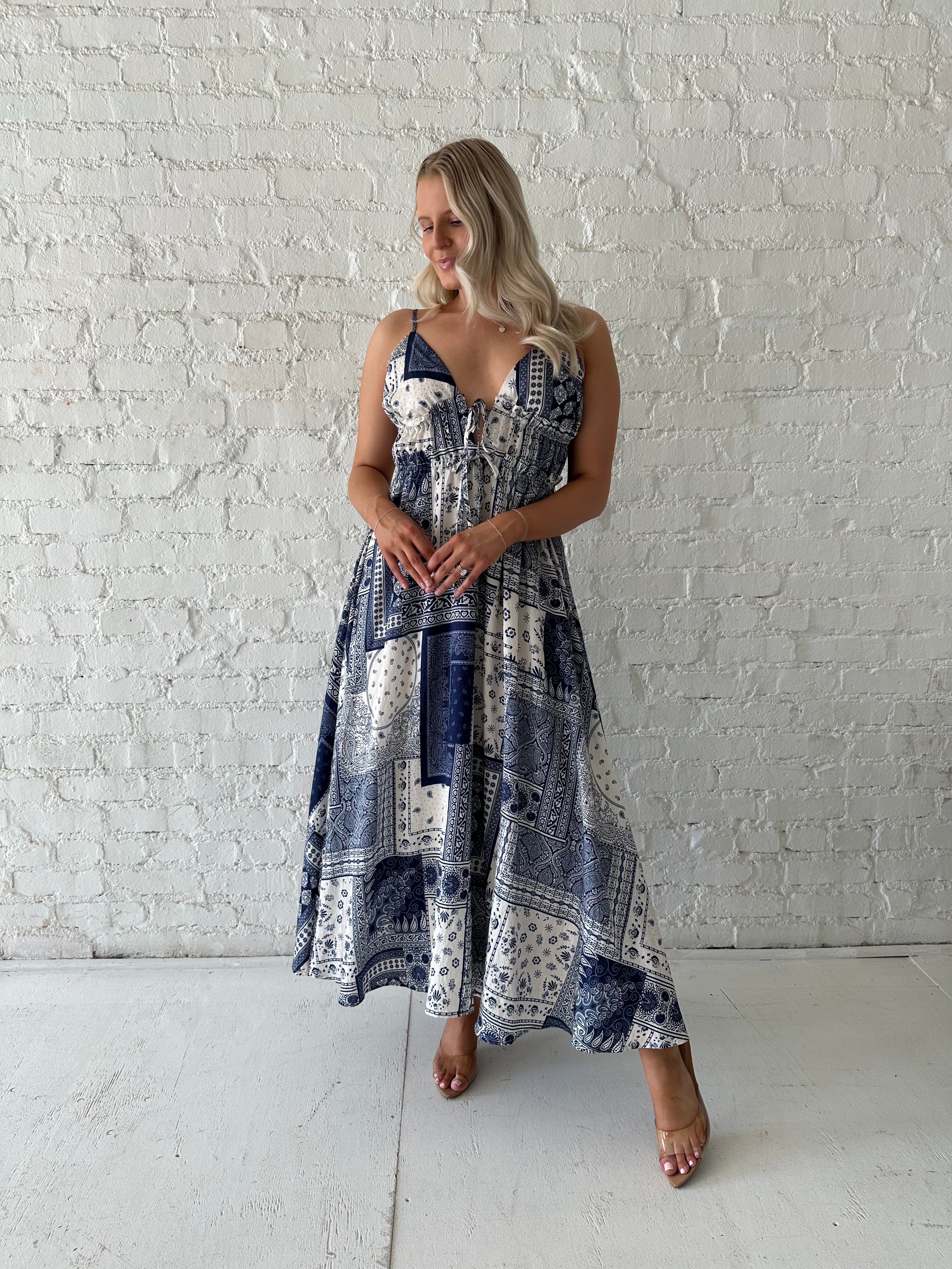 Navy Patchwork Midi Dress | Tie Front V-Neck Dress – Gwenna The Label