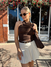 Rylan Cream Leather Pleated Mini Skirt