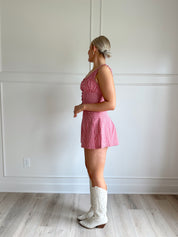 Red gingham two piece set with button detailing and pleated shorts.