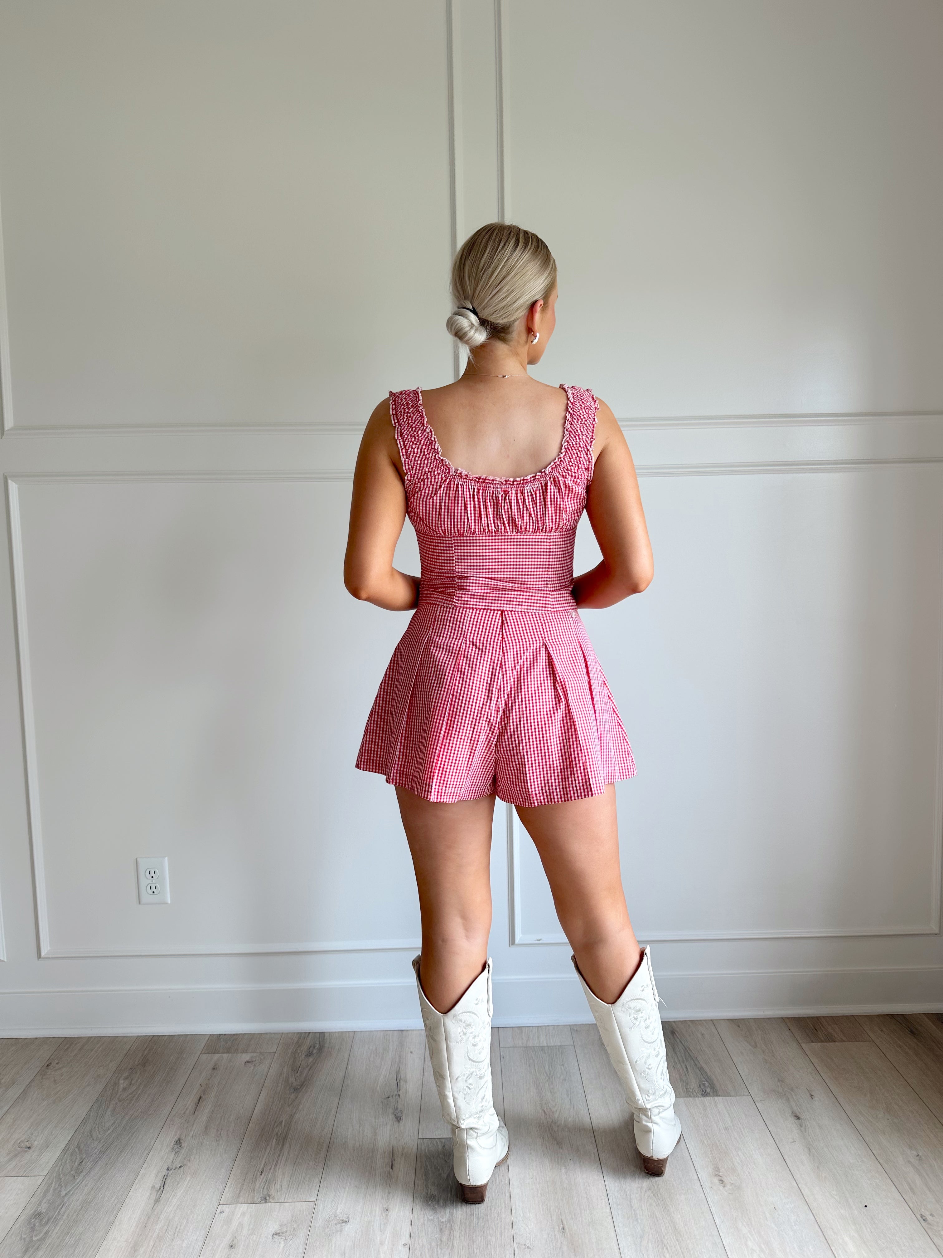 Red gingham two piece set with button detailing and pleated shorts.