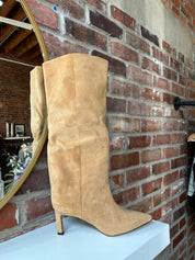Camel suede knee boot with wide calf and 2.5 inch heel.