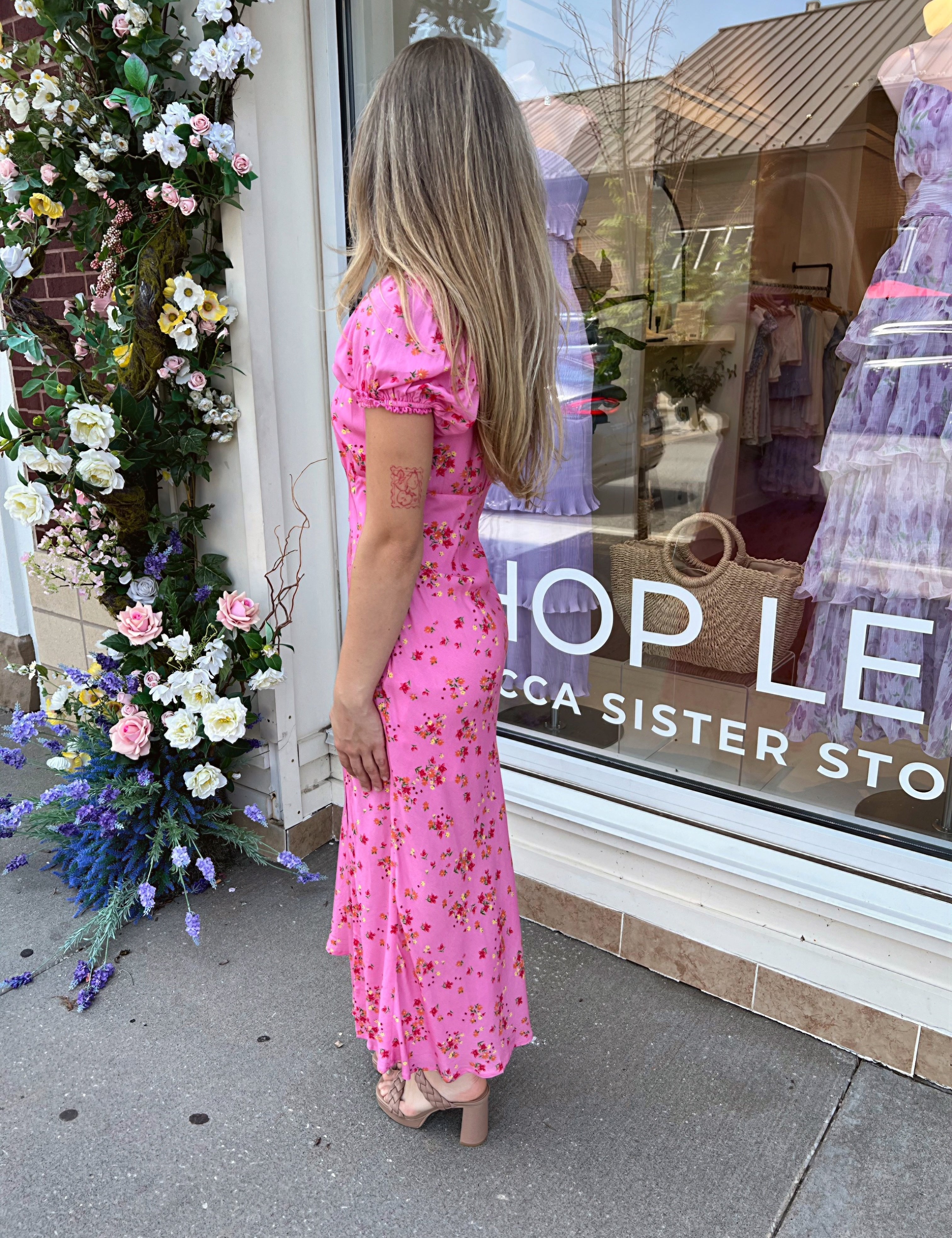 Caroline Bright Pink Floral Lace Trim Midi Dress.
