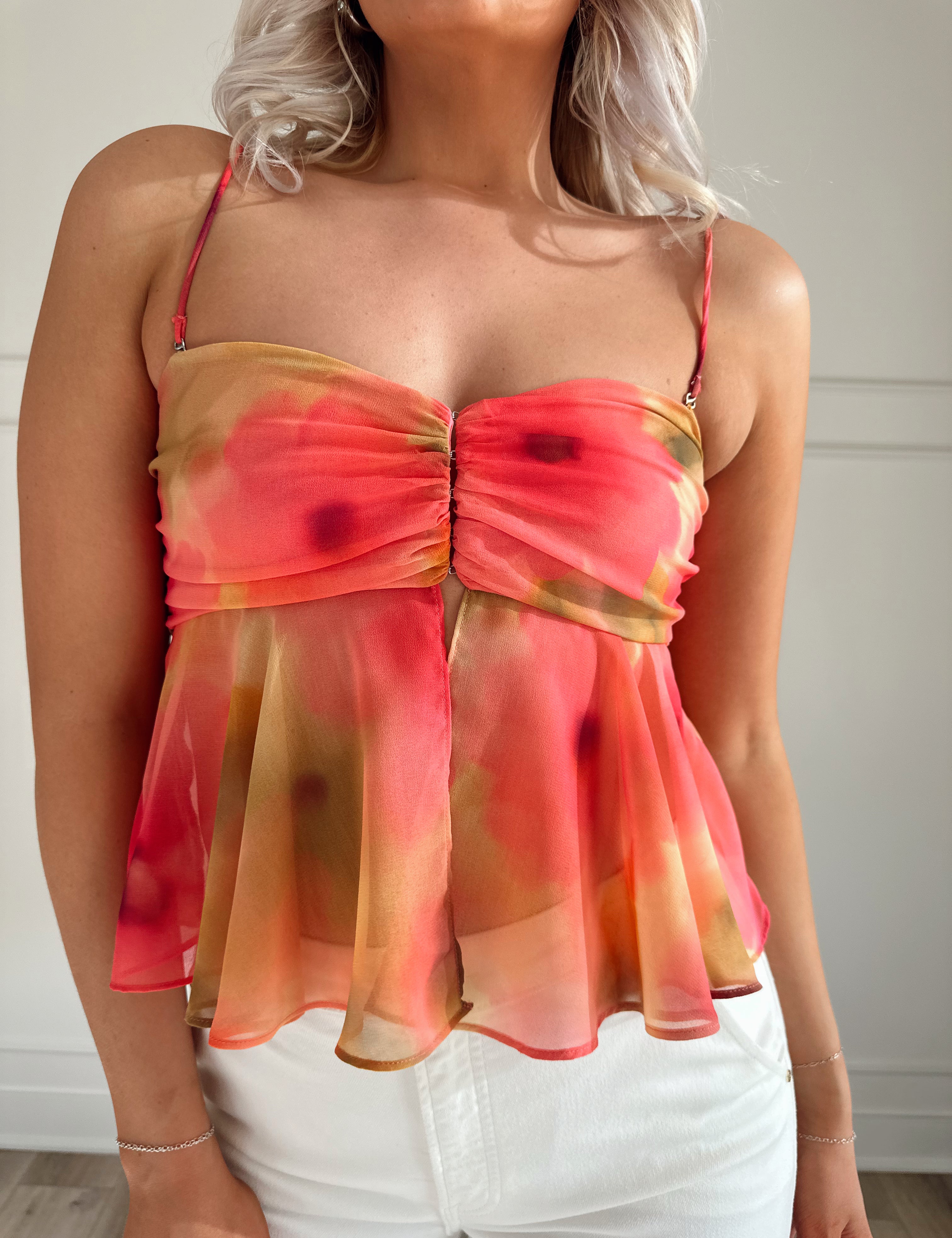 Pink and yellow tie dye floral top with removable straps.