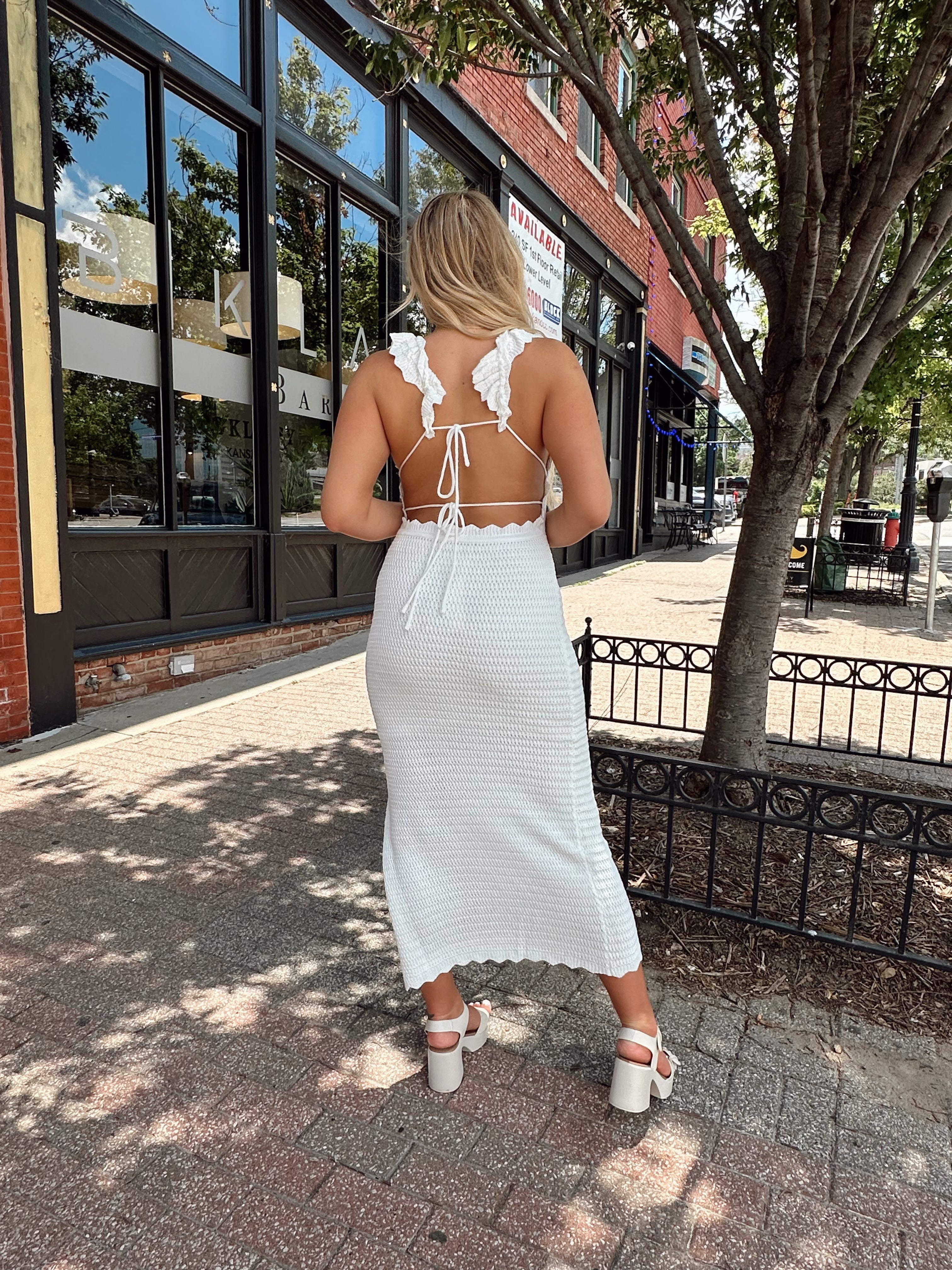 White crochet knit midi dress with open back and ruffle straps.