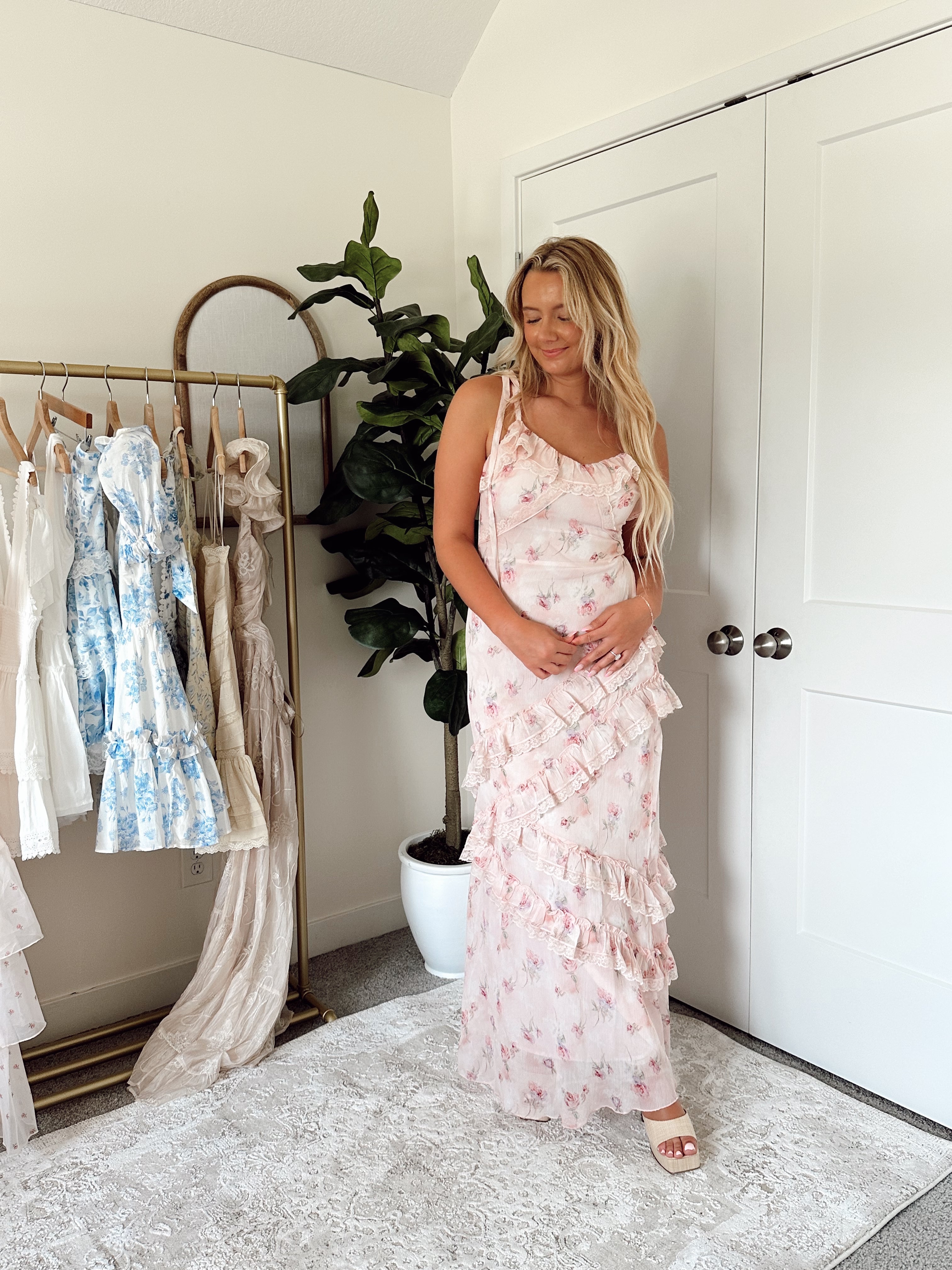 Light pink floral maxi dress with lace, ruffle detail.