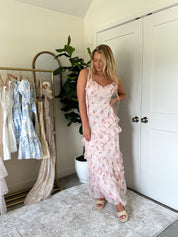 Light pink floral maxi dress with lace, ruffle detail.