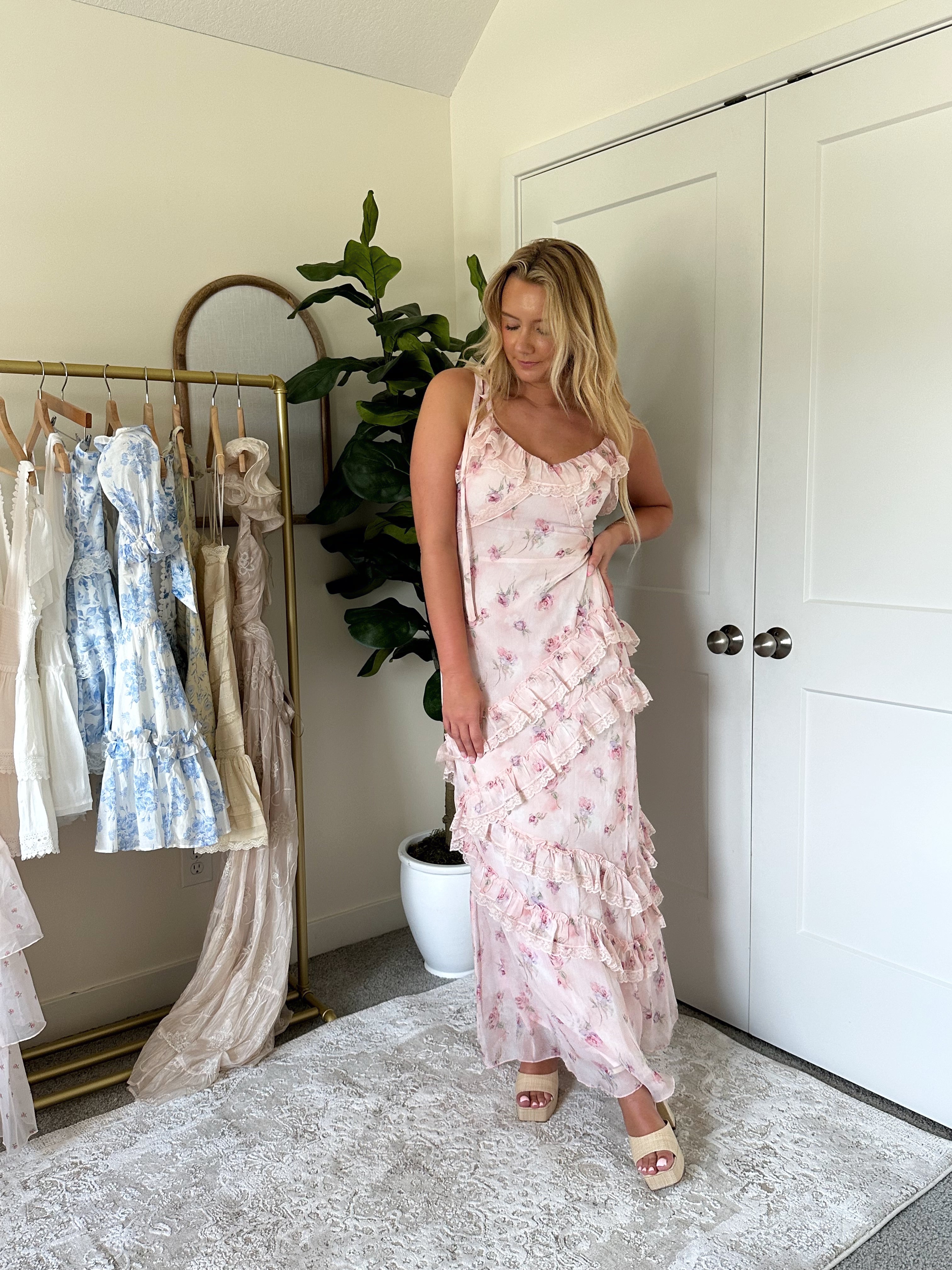 Light pink floral maxi dress with lace, ruffle detail.