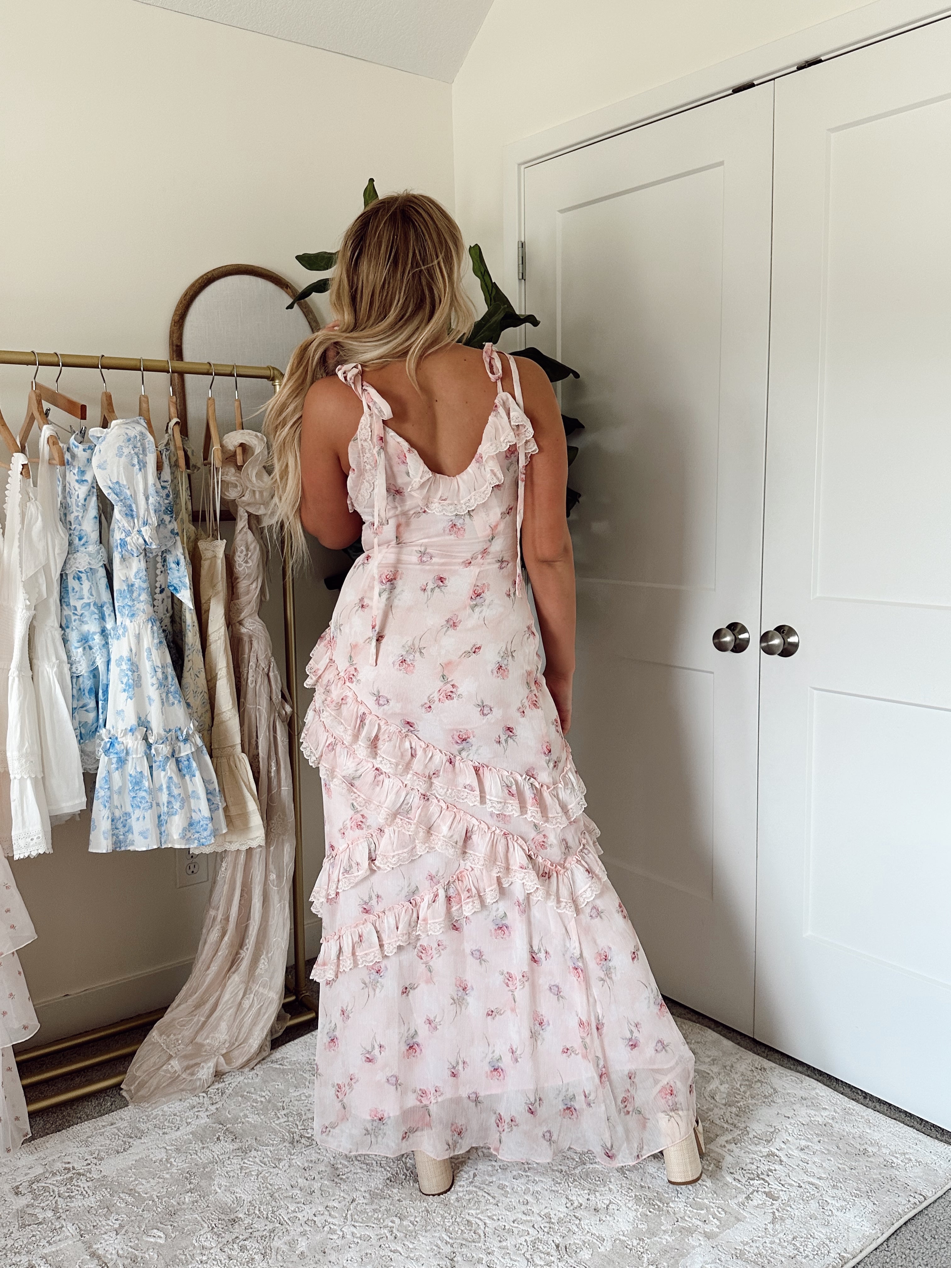 Light pink floral maxi dress with lace, ruffle detail.