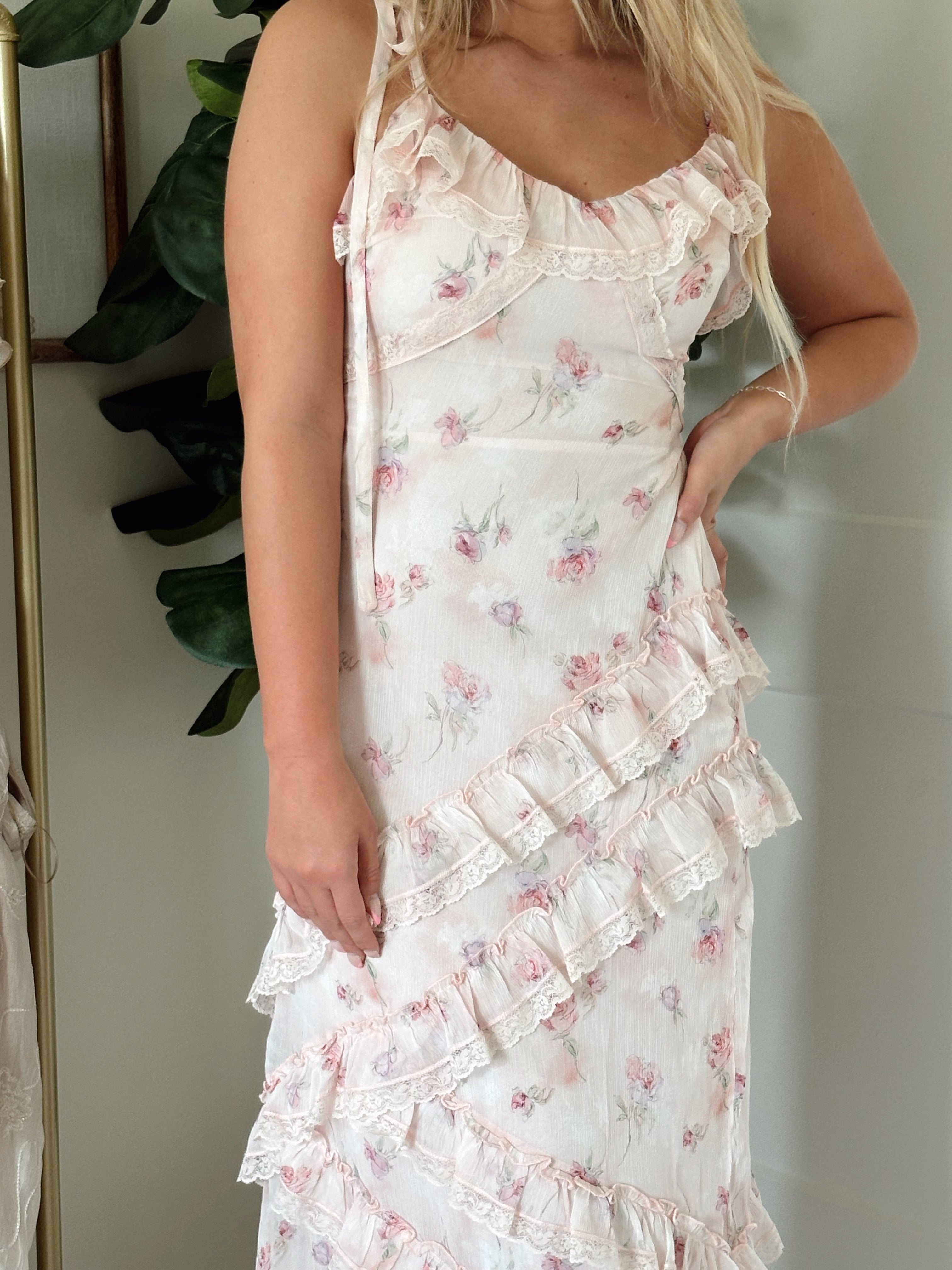 Light pink floral maxi dress with lace, ruffle detail.