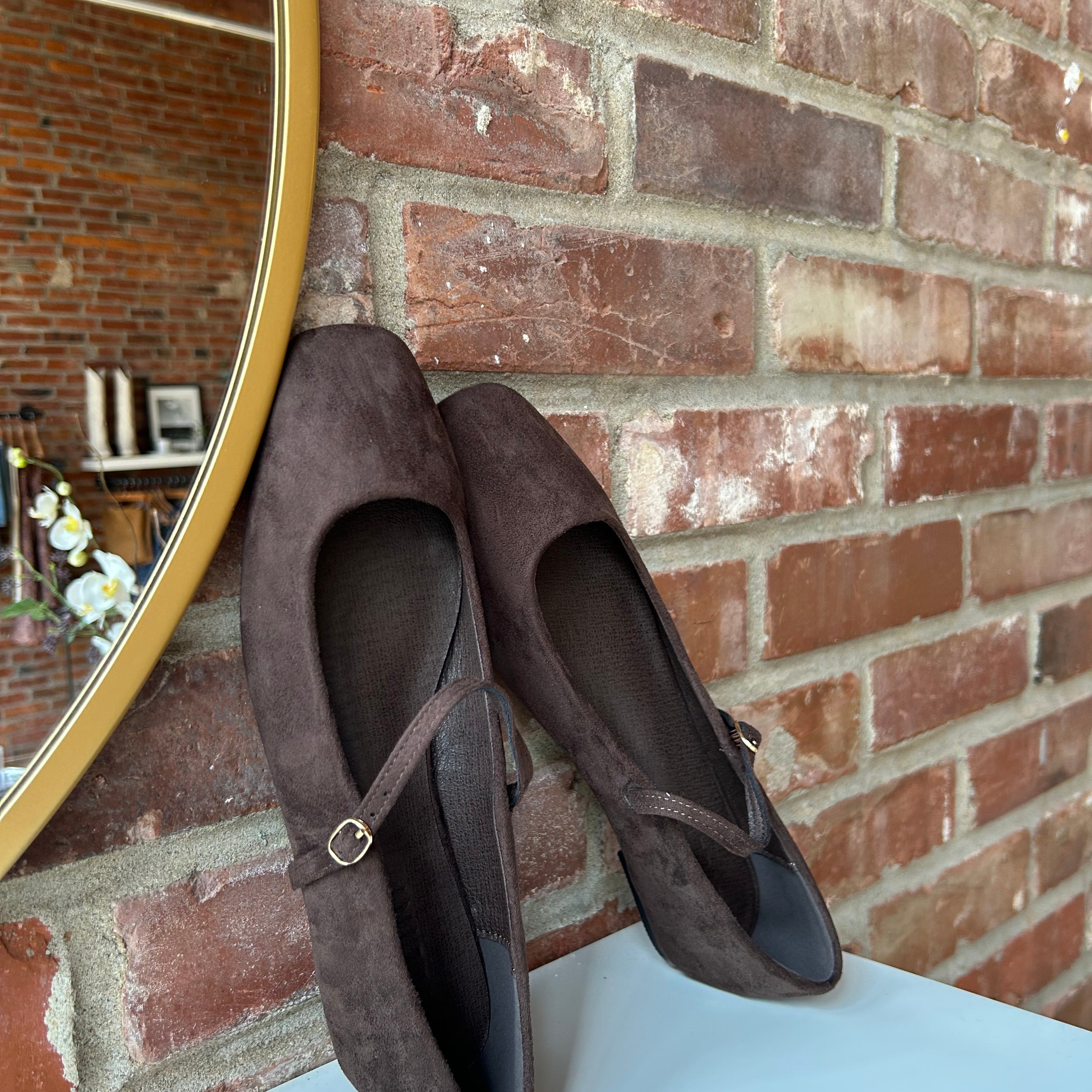 Dark brown suede ballet flat with square toe and slim Mary Jane strap