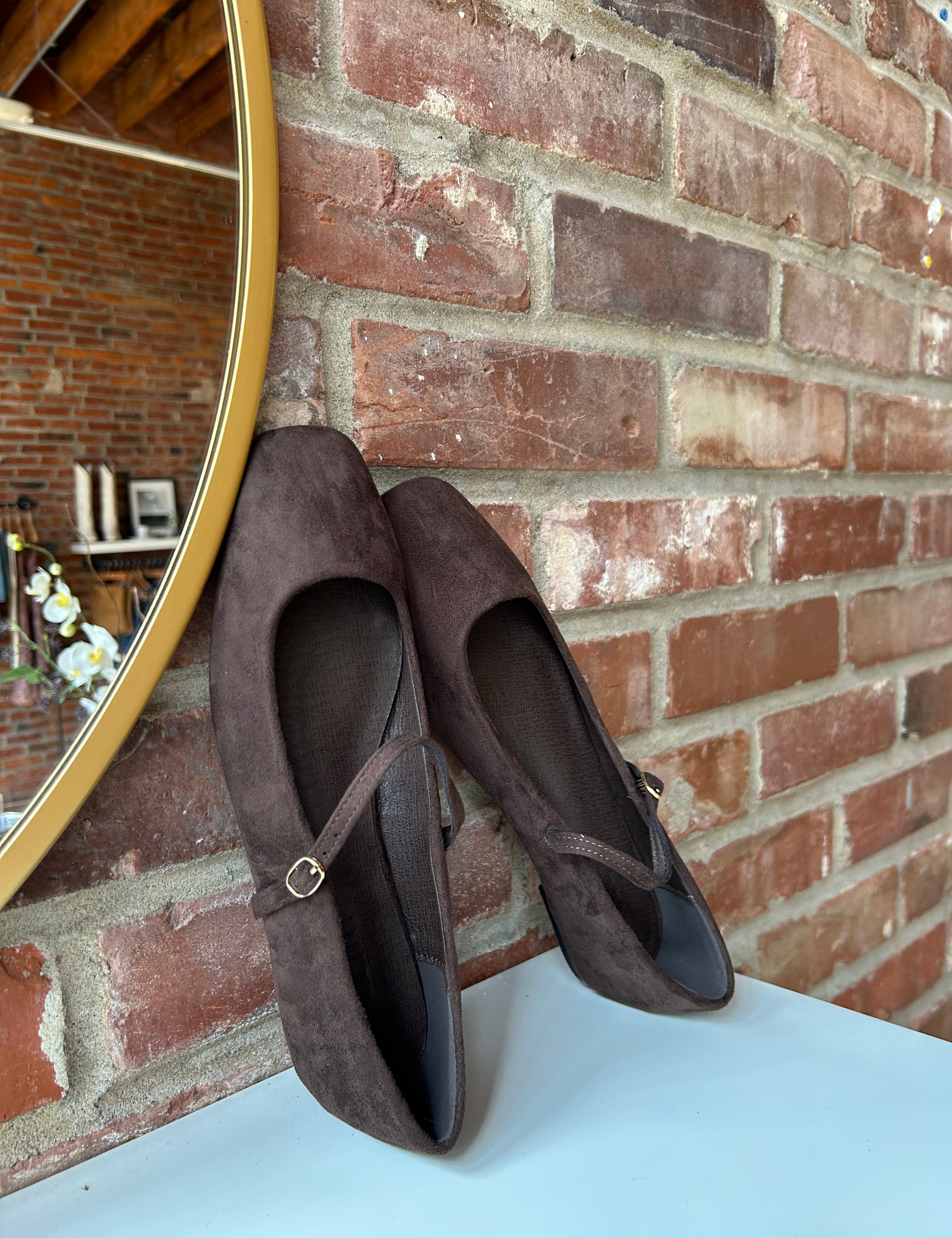 Dark brown suede ballet flat with square toe and slim Mary Jane strap