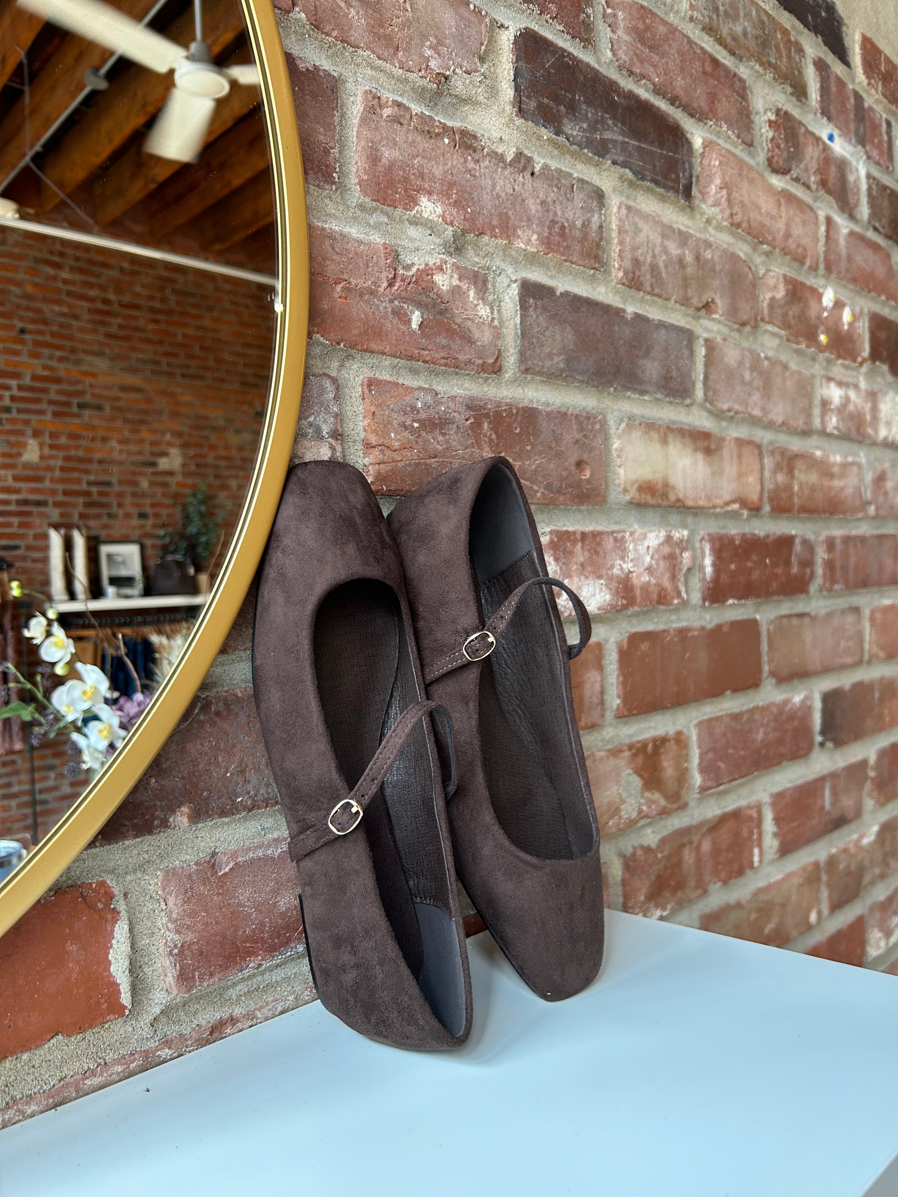 Dark brown suede ballet flat with square toe and slim Mary Jane strap