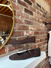 Dark brown suede ballet flat with square toe and slim Mary Jane strap