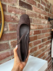 Dark brown suede ballet flat with square toe and slim Mary Jane strap