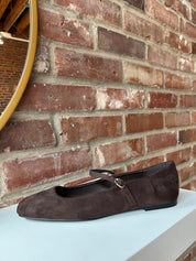 Dark brown suede ballet flat with square toe and slim Mary Jane strap