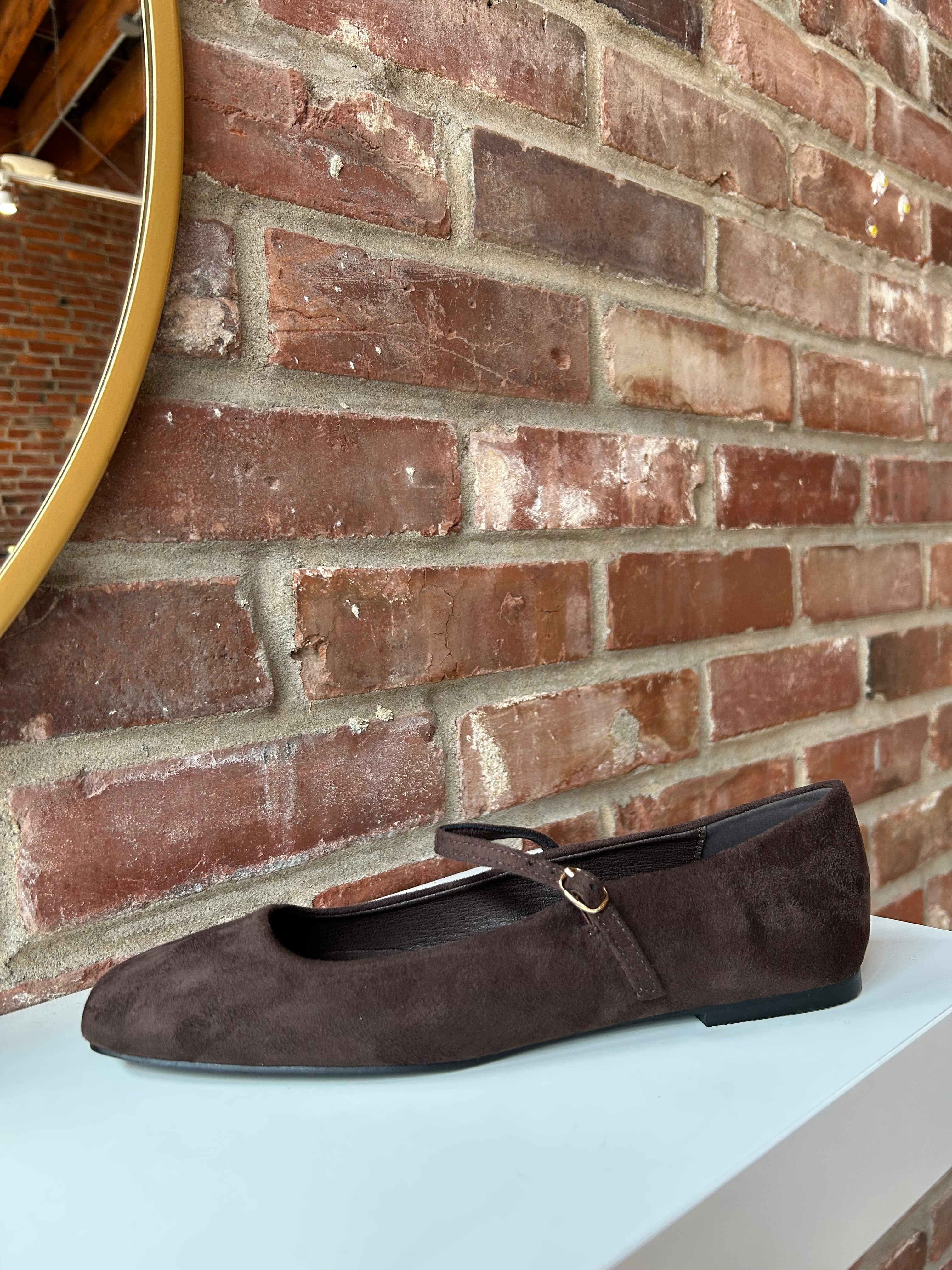 Dark brown suede ballet flat with square toe and slim Mary Jane strap