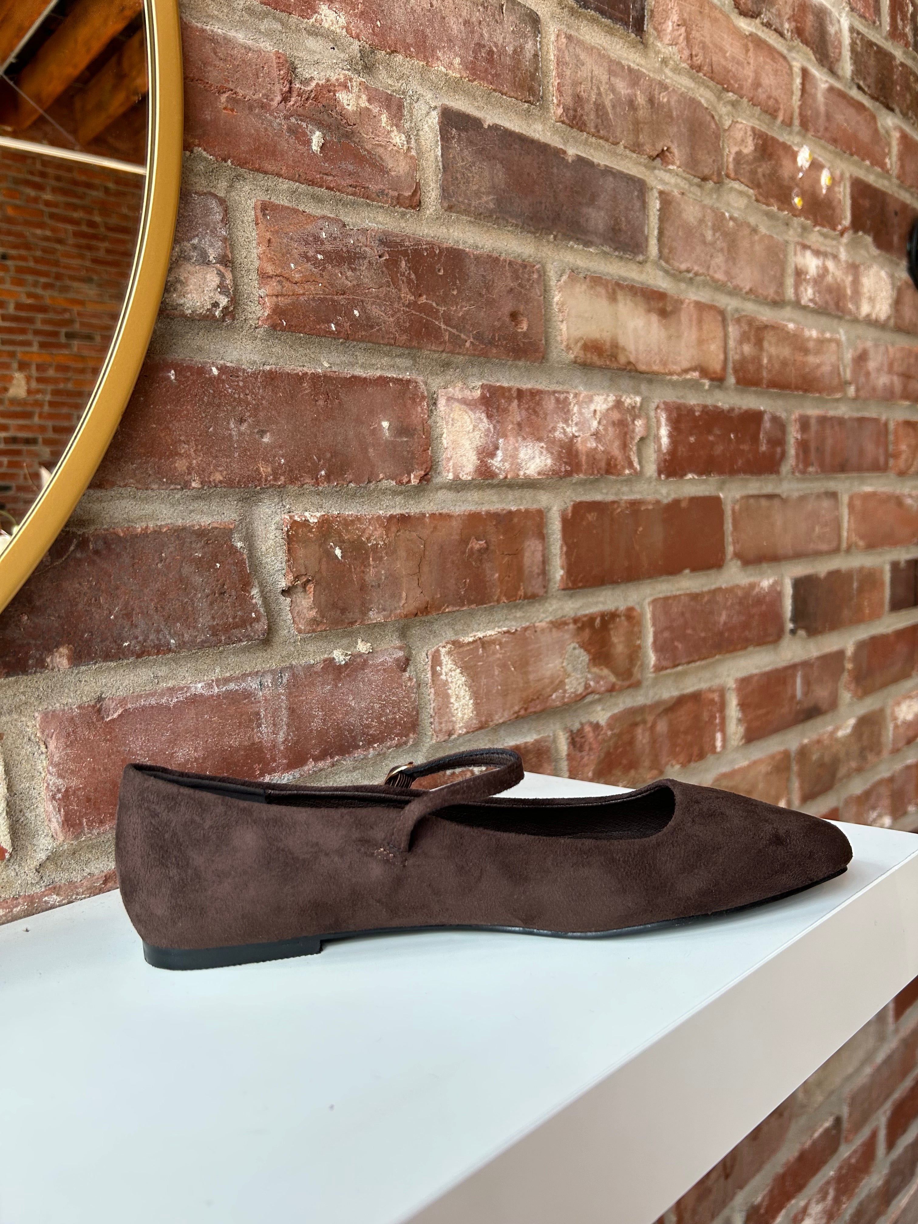 Dark brown suede ballet flat with square toe and slim Mary Jane strap