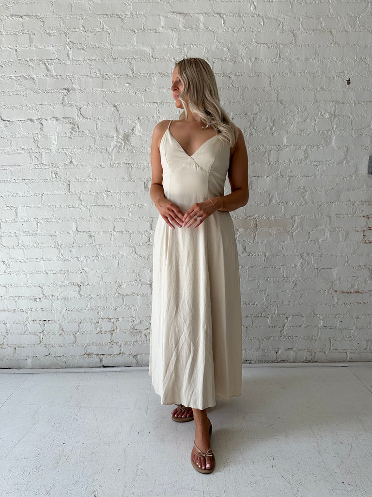 cream linen midi dress GRACE minimalist sleeveless linen wrap dress - cream beige