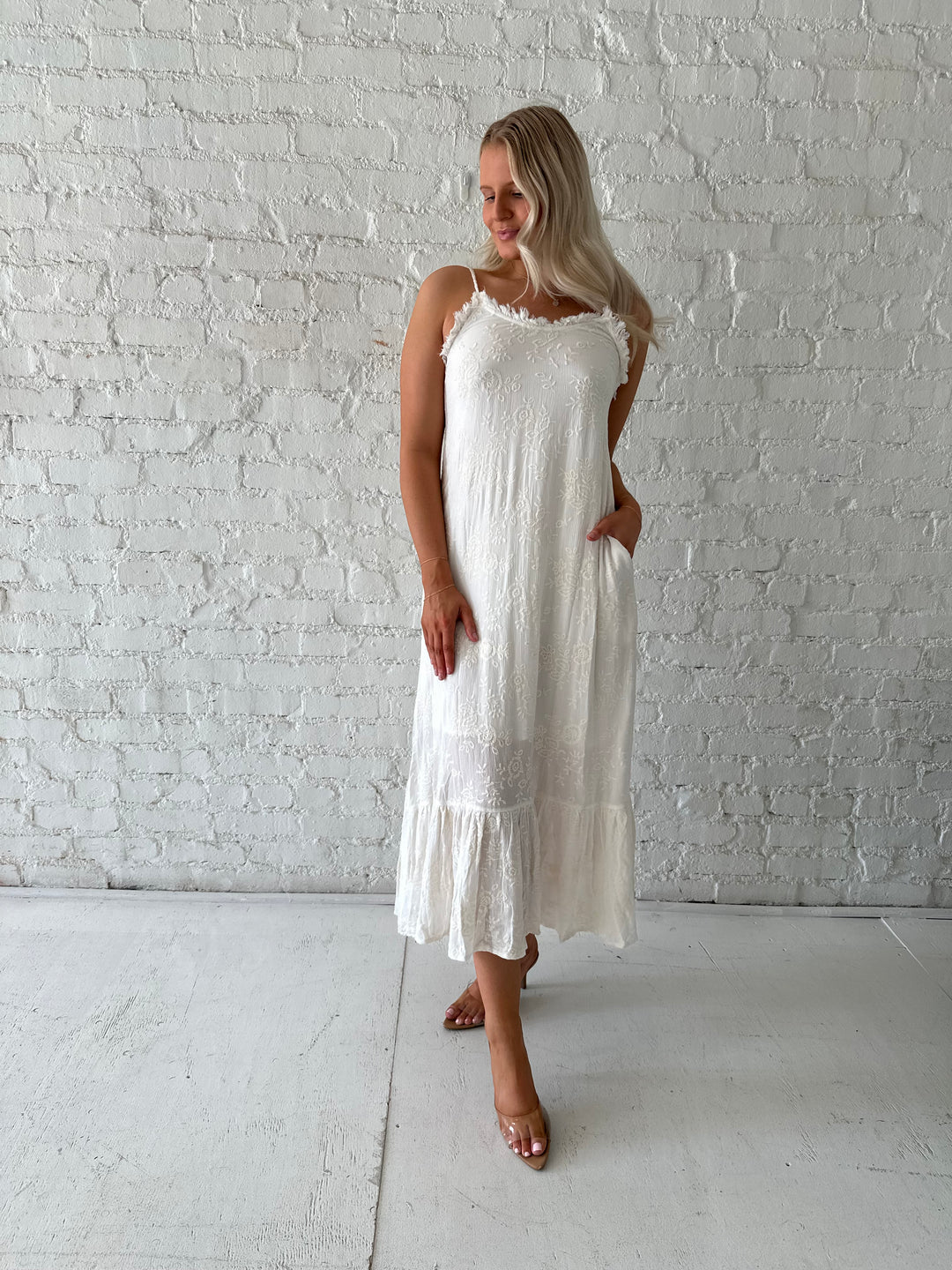 Cream Embroidered Midi Dress