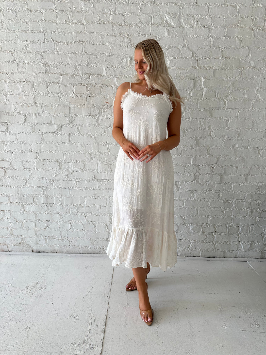 Cream Embroidered Midi Dress