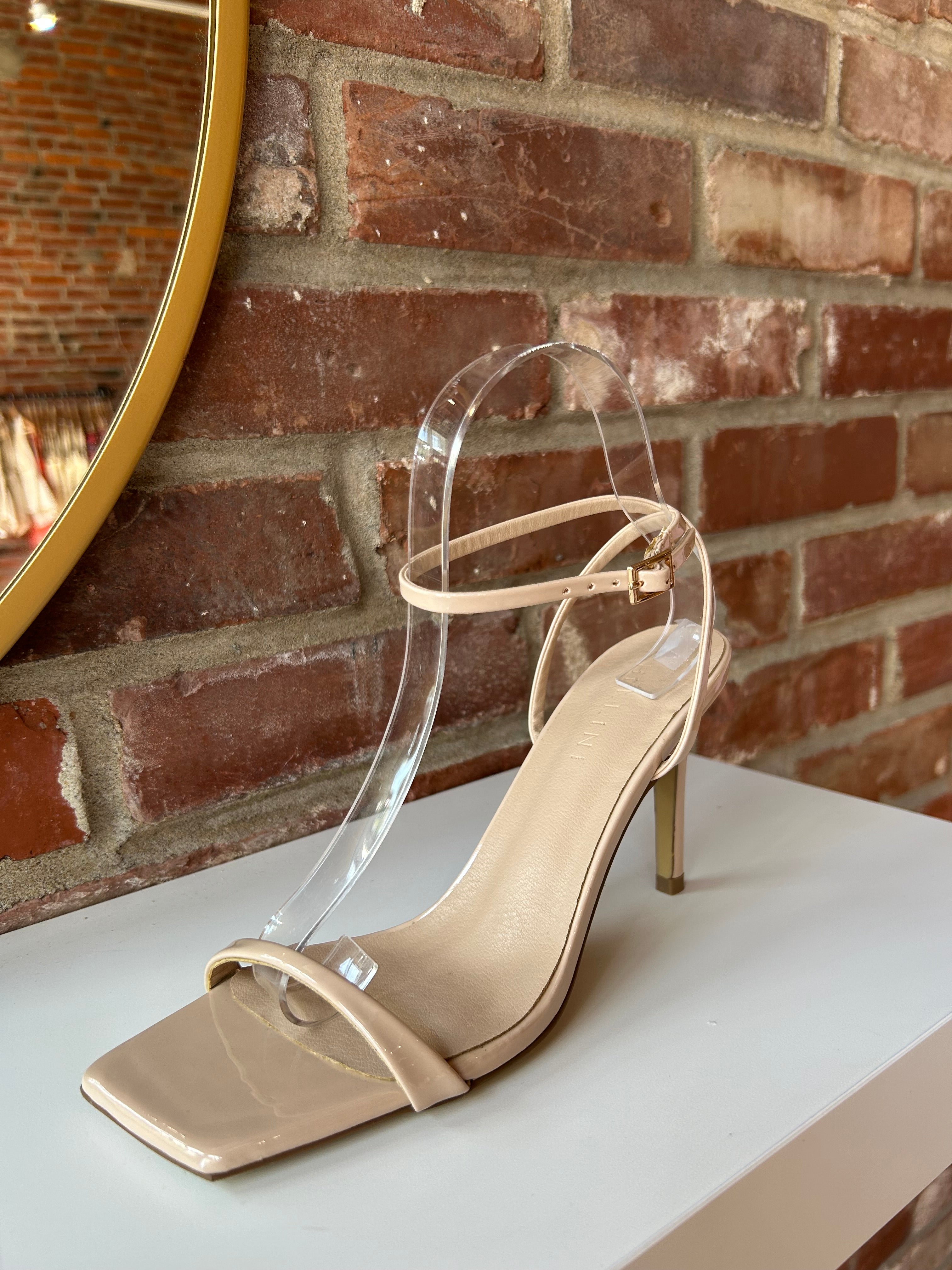 Nude stiletto sandal with square toe and nude ankle strap