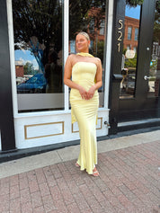 Butter yellow satin strapless maxi dress with detachable scarf.
