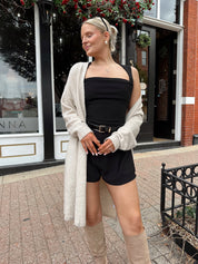 Oatmeal lightweight knit duster cardigan with open front and calf-length silhouette