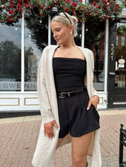 Oatmeal lightweight knit duster cardigan with open front and calf-length silhouette