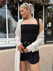 Oatmeal lightweight knit duster cardigan with open front and calf-length silhouette