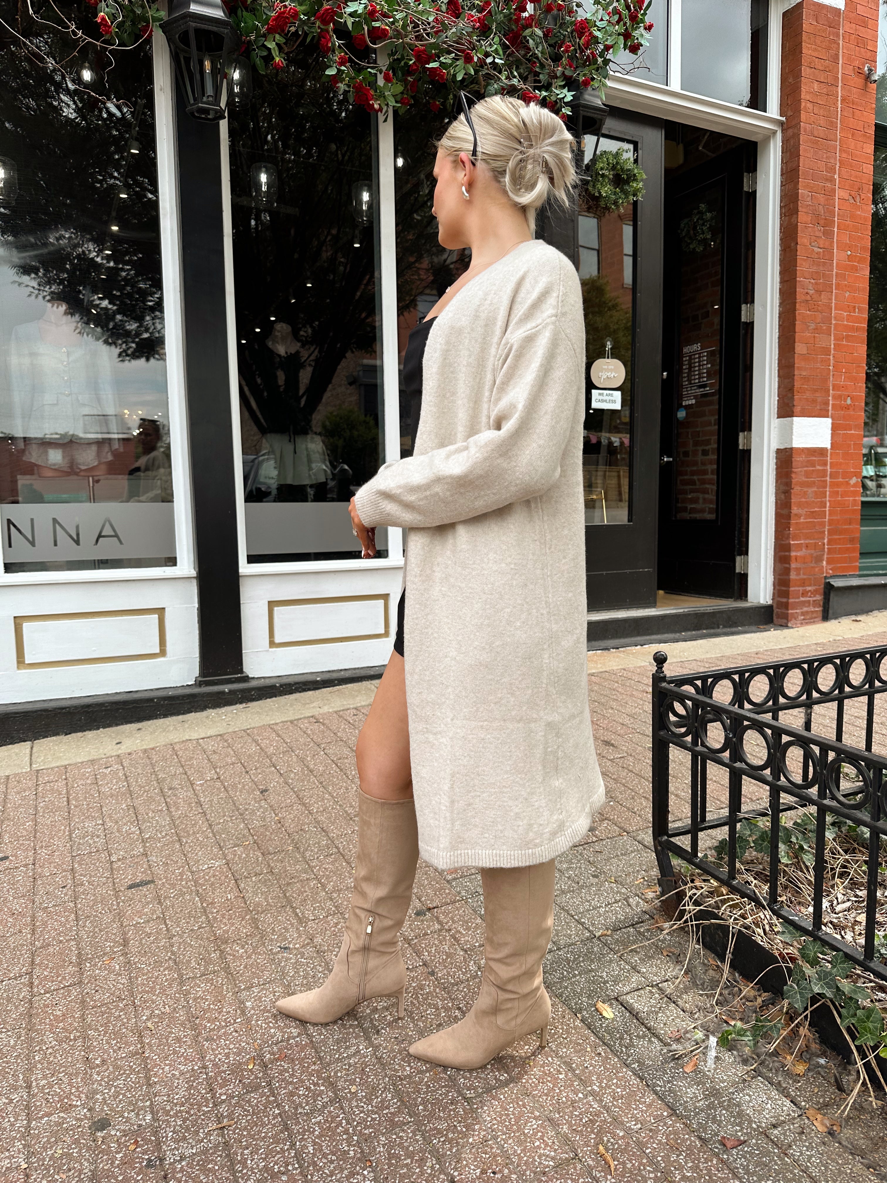 Oatmeal lightweight knit duster cardigan with open front and calf-length silhouette