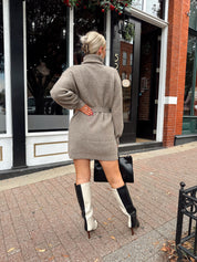Woman wearing taupe turtle neck sweater dress with belt detail.
