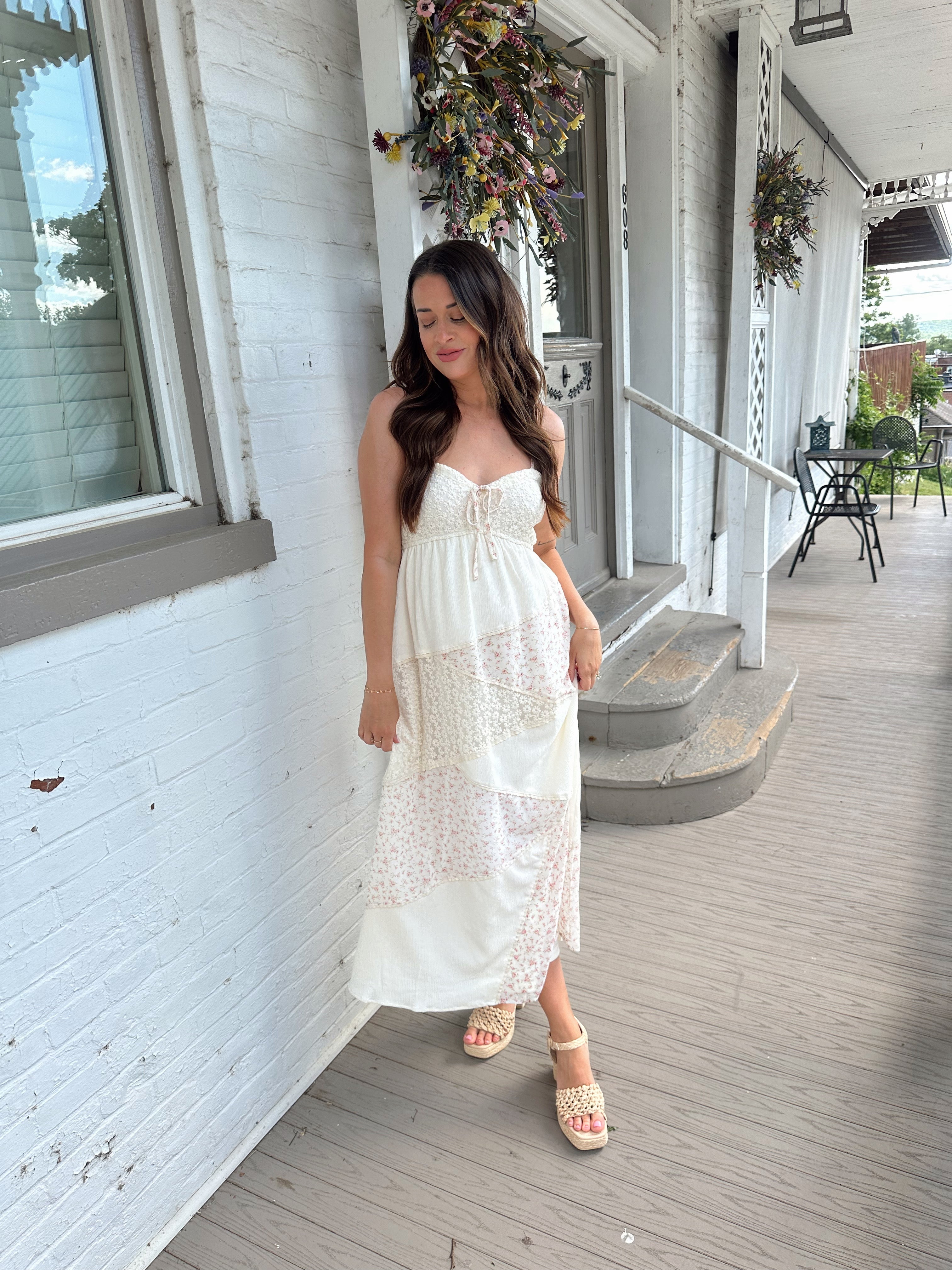 Cream floral patchwork maxi dress. perfect for summer days.