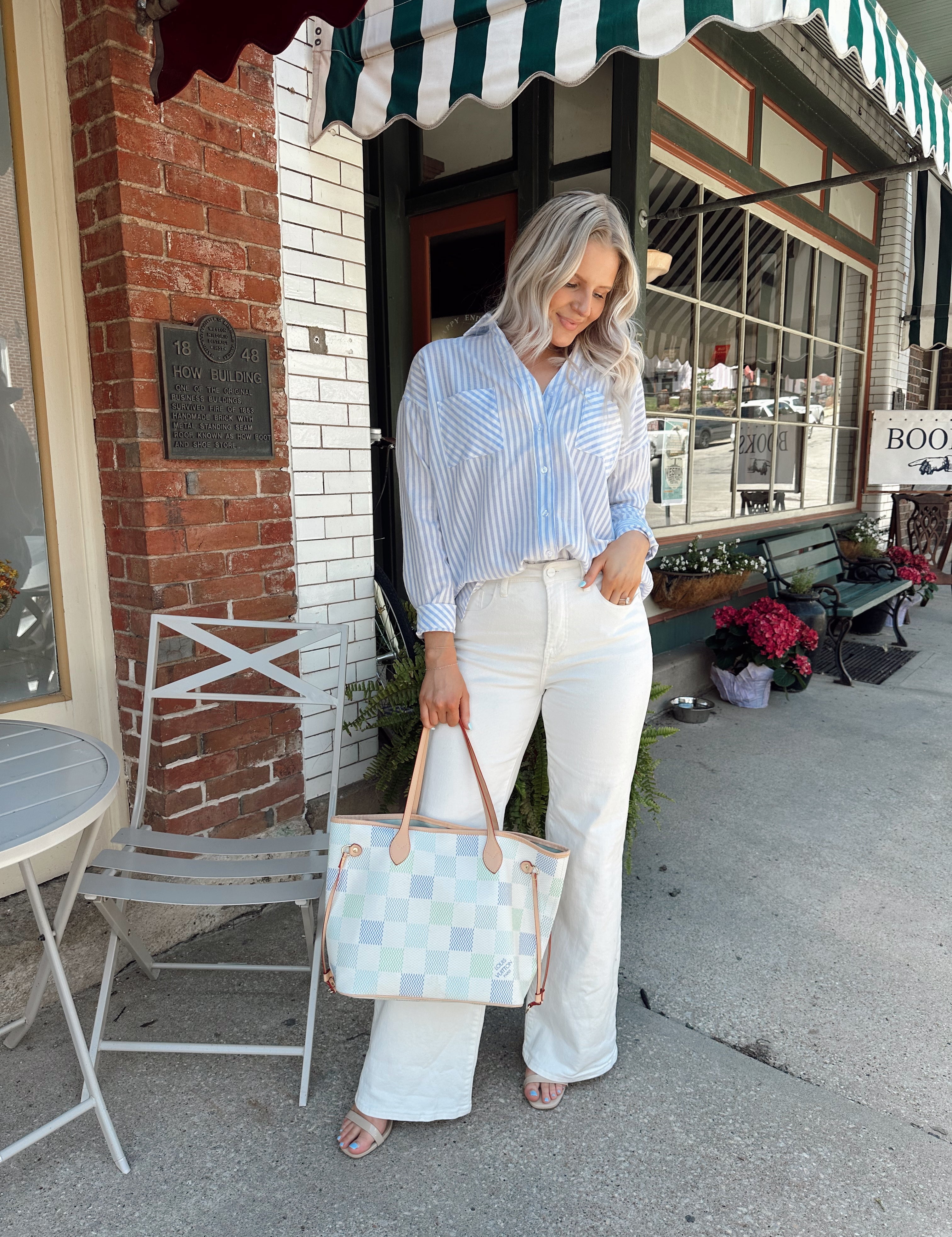 Blue and white striped linen button down shirt. Oversized boxy fit.