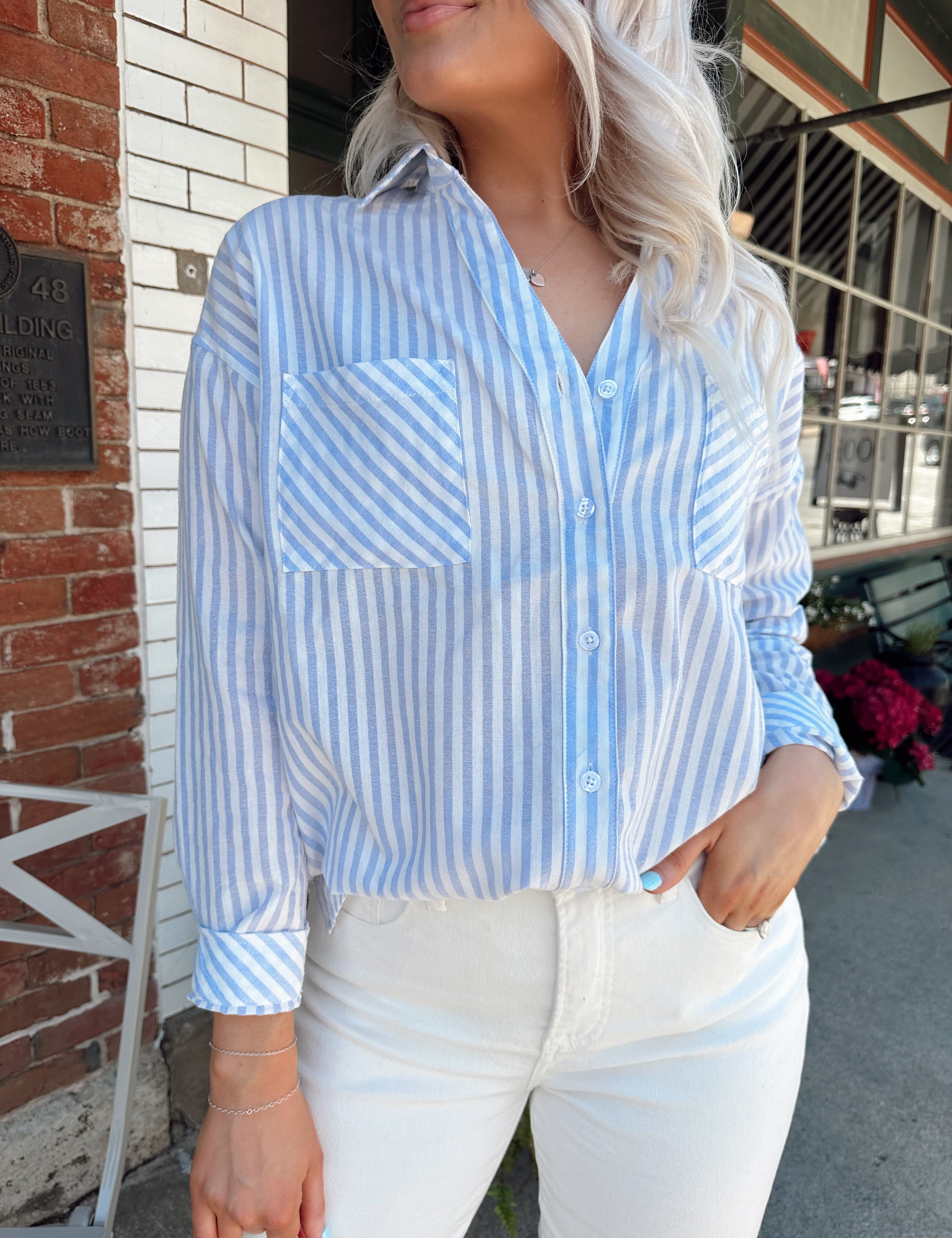 Blue and white striped linen button down shirt. Oversized boxy fit.