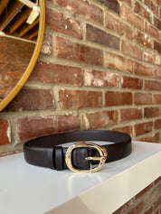 Dark brown leather belt with gold hardware buckle.