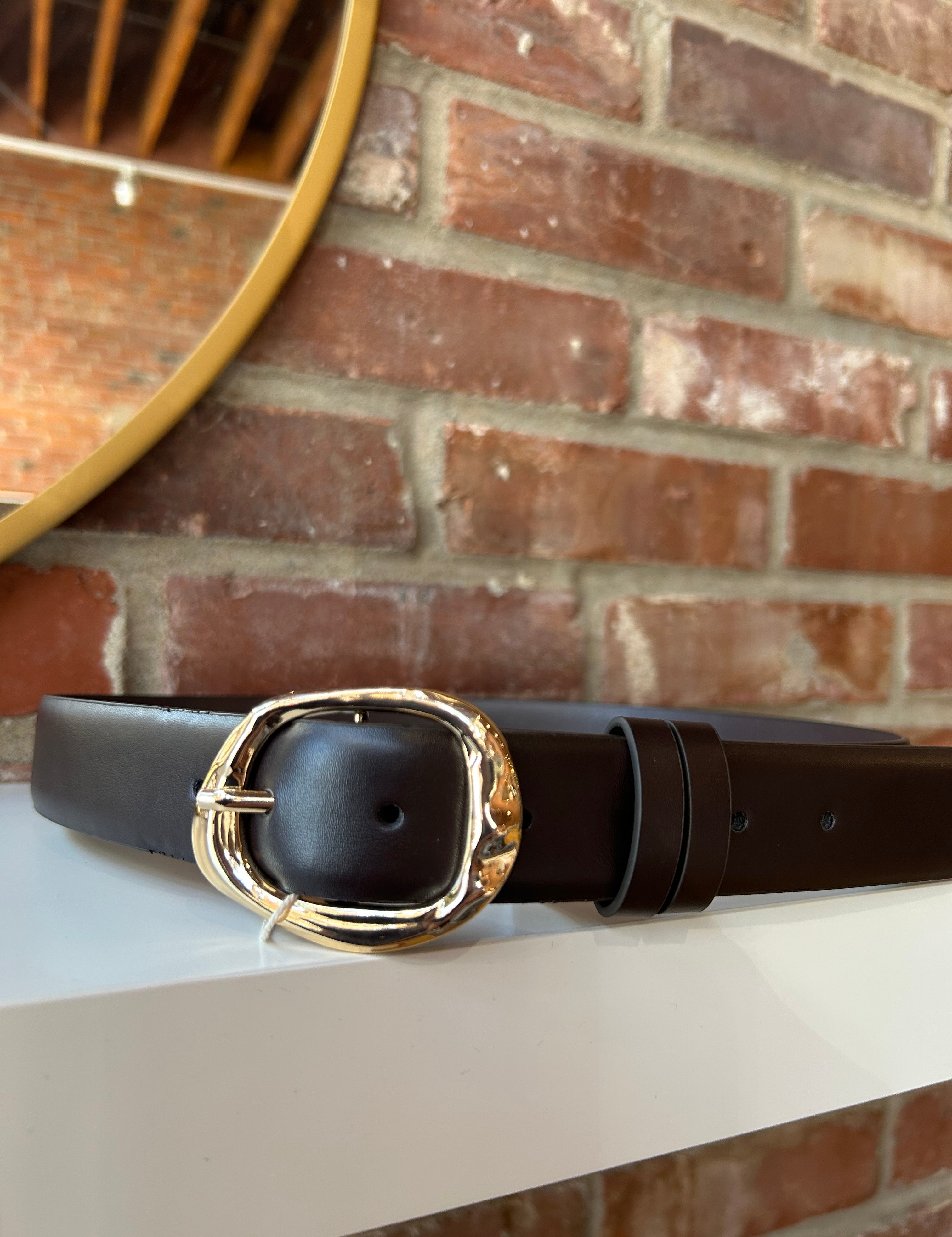 Dark brown leather belt with gold hardware buckle.