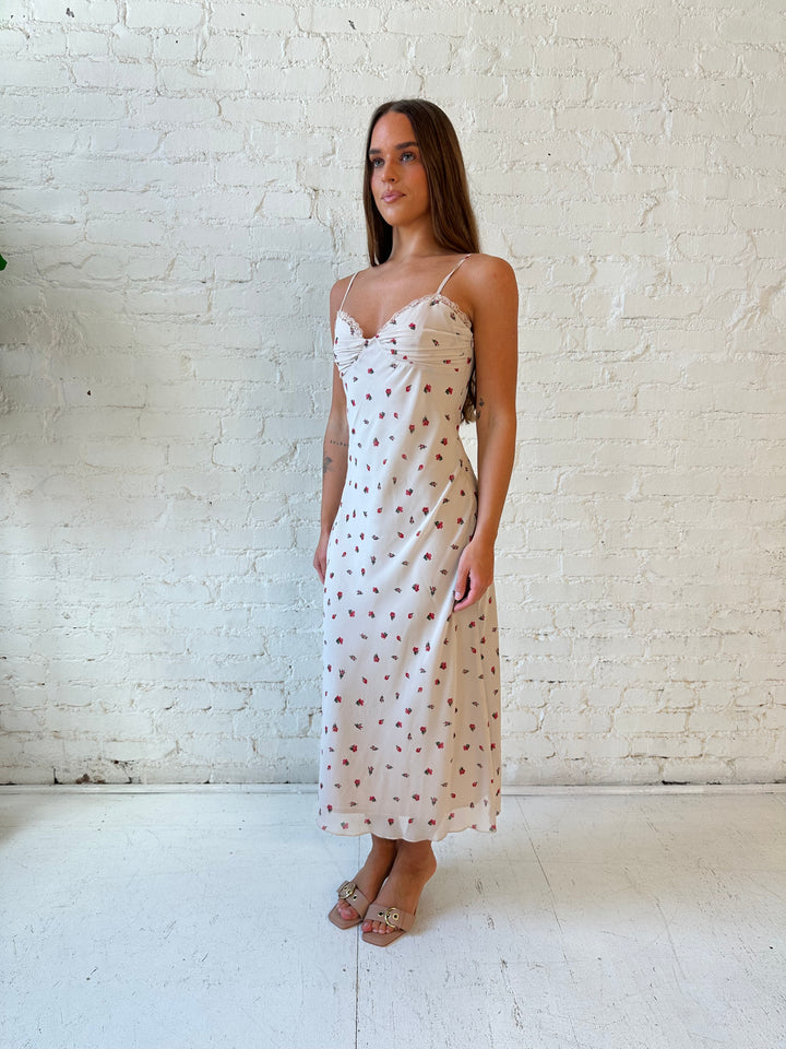 Woman wearing taupe midi dress with red floral with lace trim detailing. 