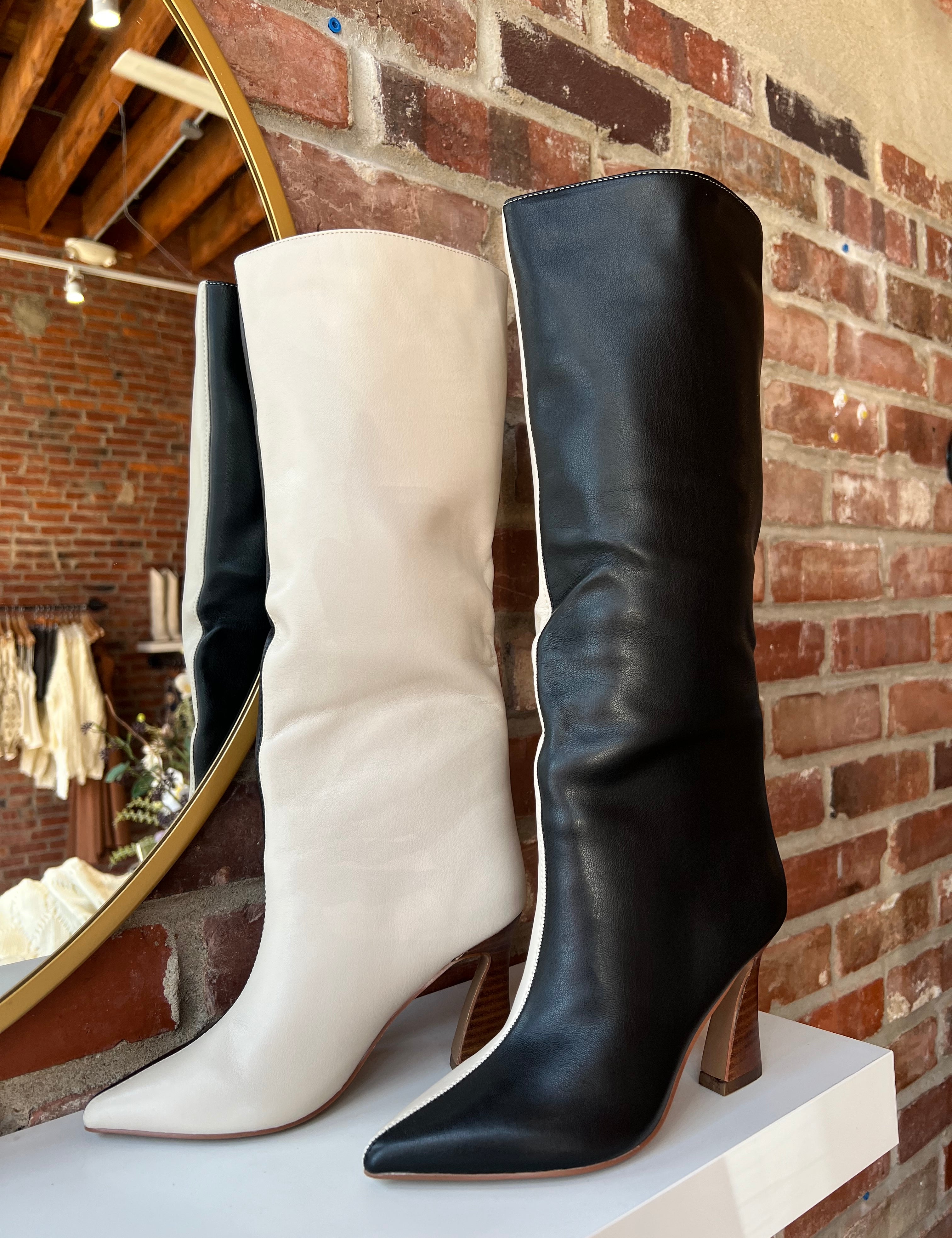 Briar Cream and Black Contrast Knee Boot with sleek two-tone design and chic knee-high silhouette