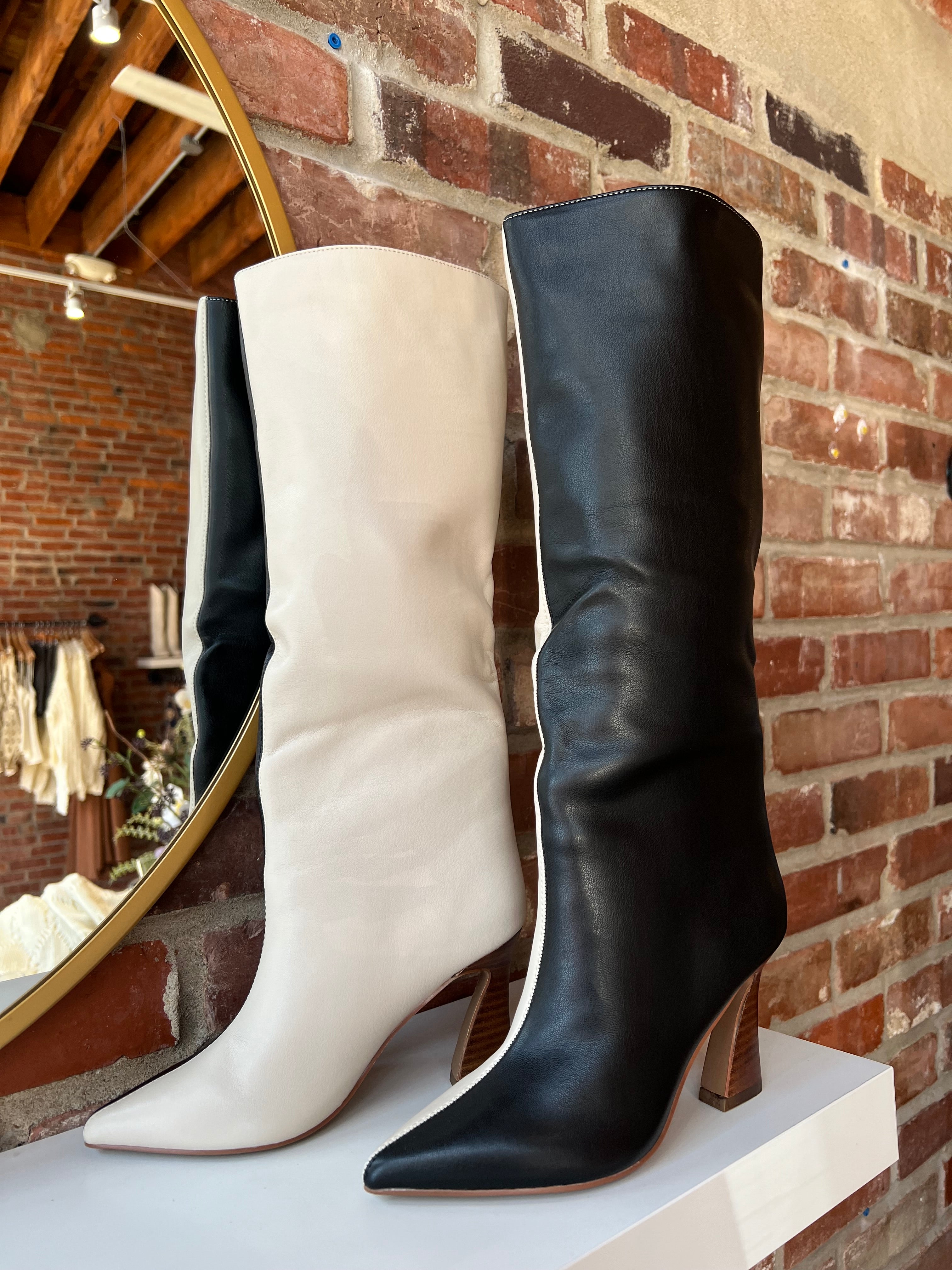 Briar Cream and Black Contrast Knee Boot with sleek two-tone design and chic knee-high silhouette