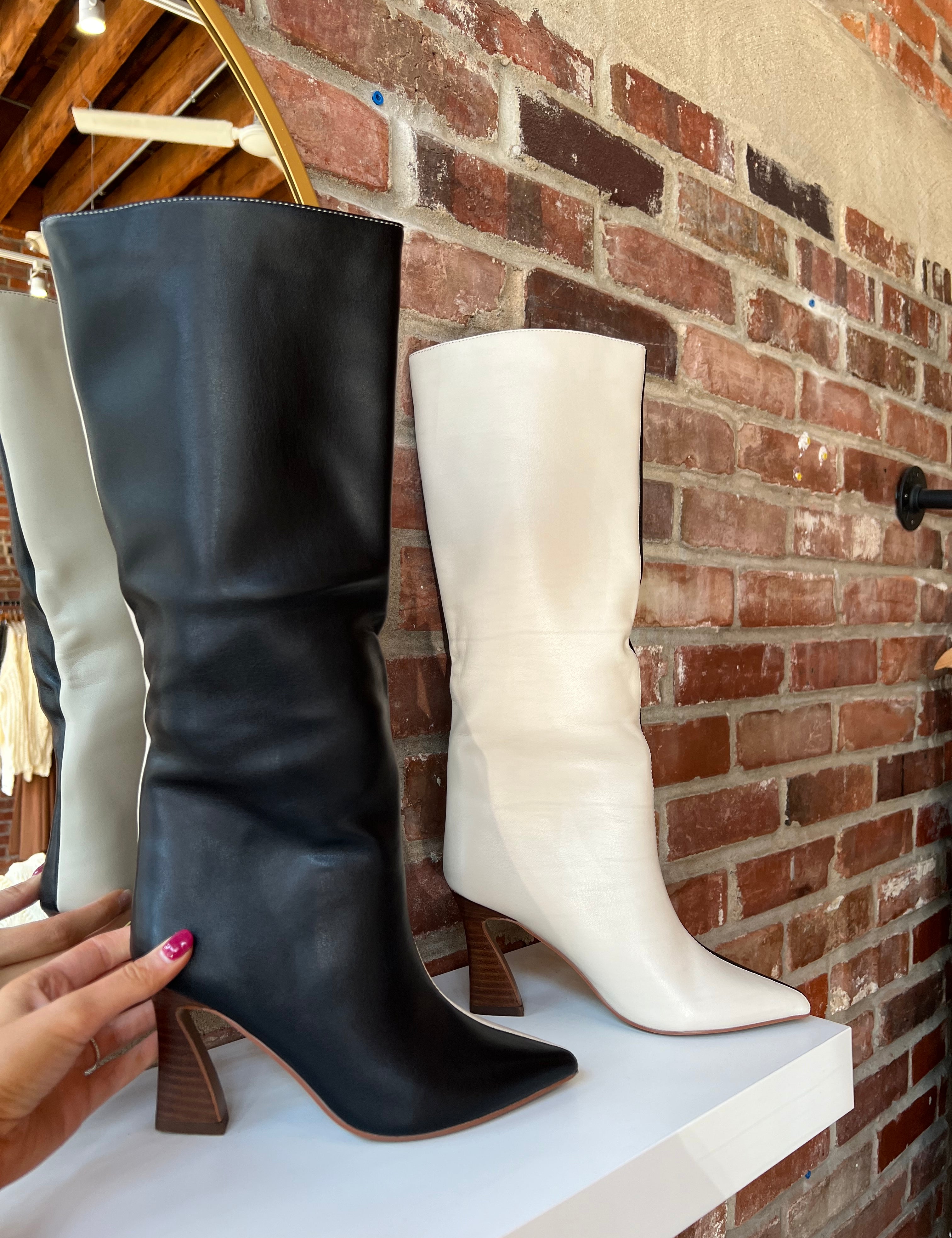 Briar Cream and Black Contrast Knee Boot with sleek two-tone design and chic knee-high silhouette
