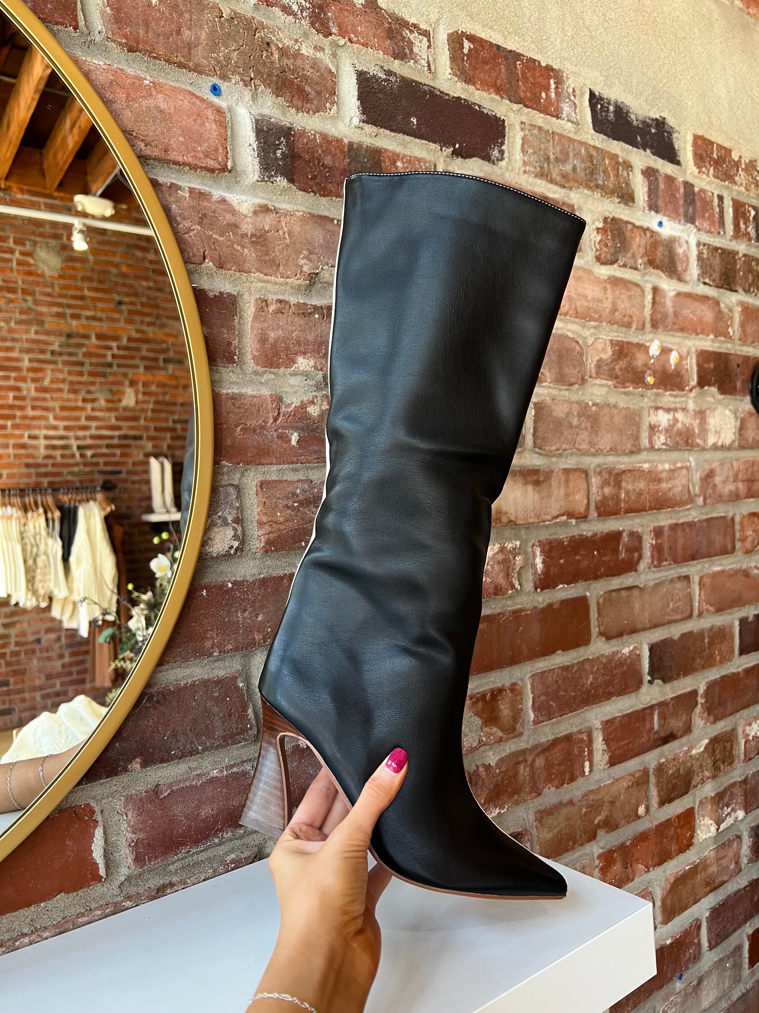 Briar Cream and Black Contrast Knee Boot with sleek two-tone design and chic knee-high silhouette