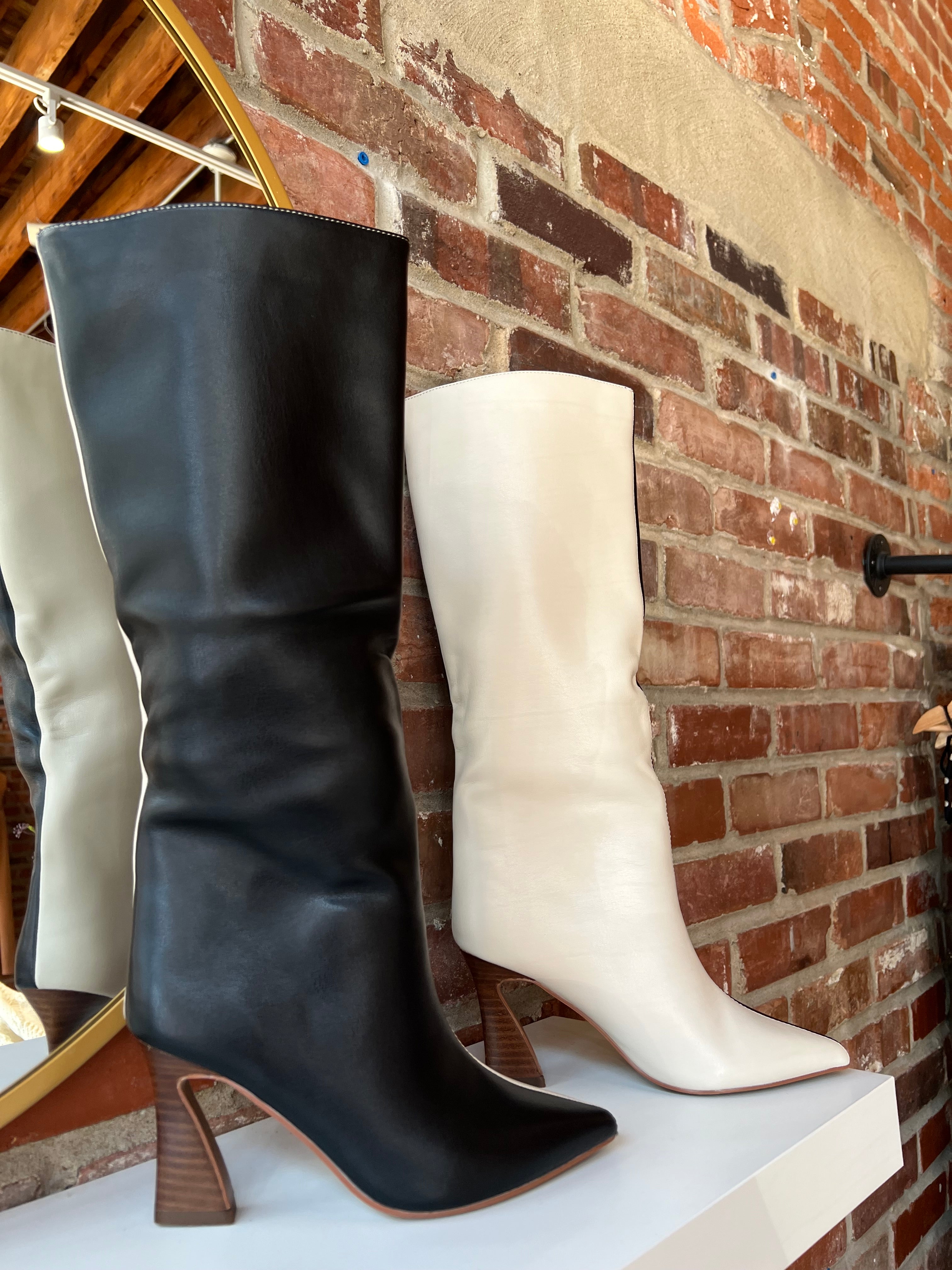 Briar Cream and Black Contrast Knee Boot with sleek two-tone design and chic knee-high silhouette